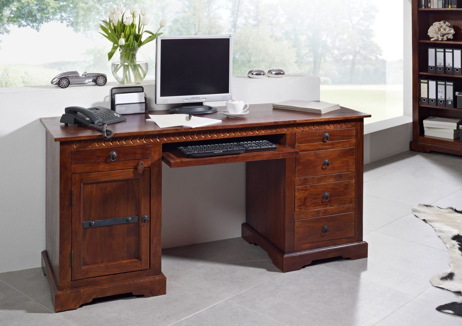Massivmoebel24 Schreibtisch Schreibtisch Akazie 158x54x76 nougat günstig online kaufen