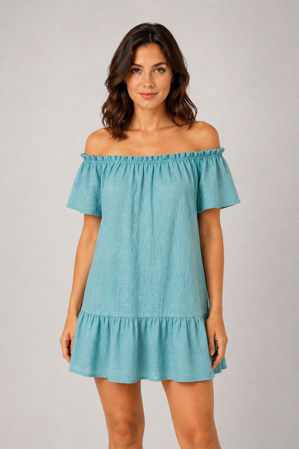 ITALY VIBES Sommerkleid - Off-Shoulder-Minikleid - kurzes Baumwollkleid mit Volant ONE SIZE - passend von Größe XS bis L