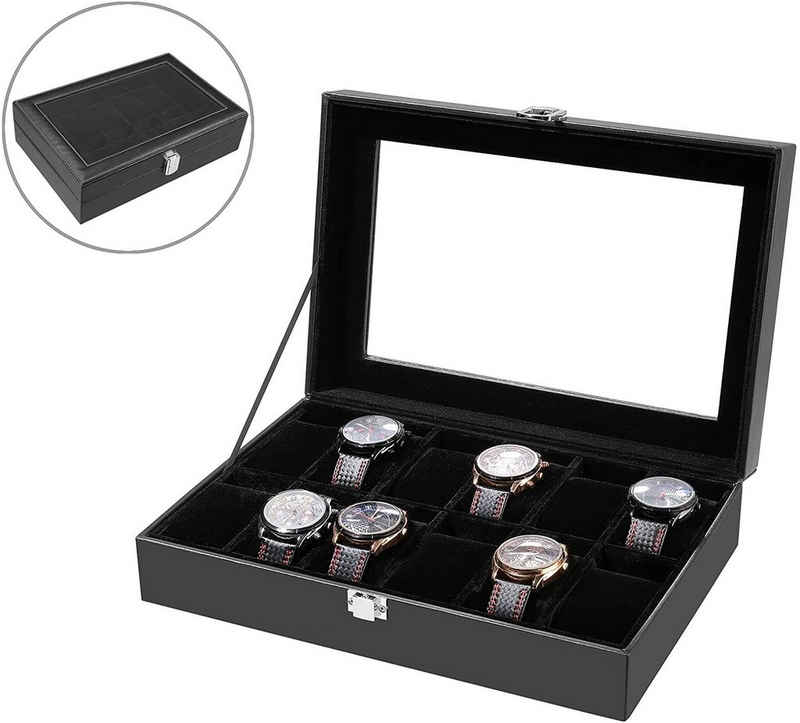 Femor Uhrenbox, für 12 Uhren, mit Glasfenster, Uhrenaufbewahrung, Watch Box, Uhrenkasten, Aufbewahrung Uhren,Uhrenbox Herren,Weiß/Schwarz