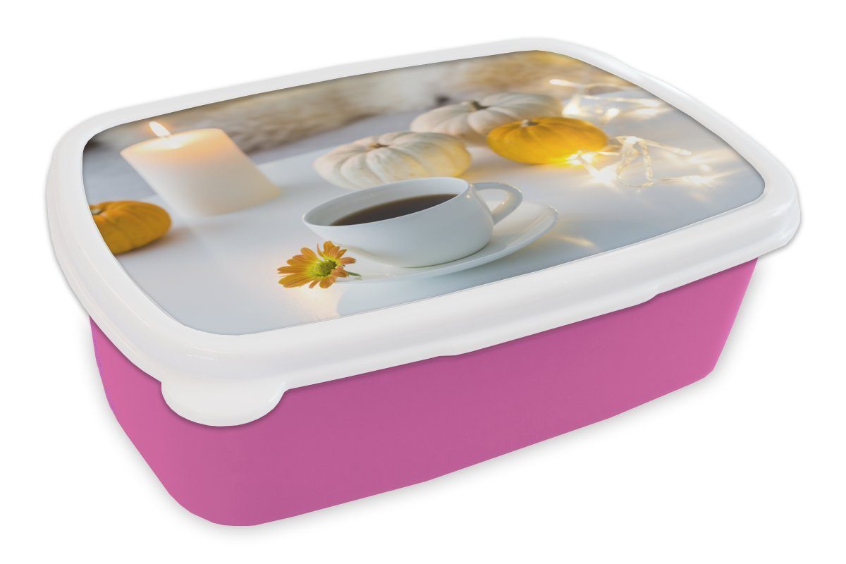 MuchoWow Lunchbox Kürbis - Kaffee - Kerze, Kunststoff, (2-tlg), Brotbox für Erwachsene, Brotdose Kinder, Snackbox, Mädchen, Kunststoff rosa
