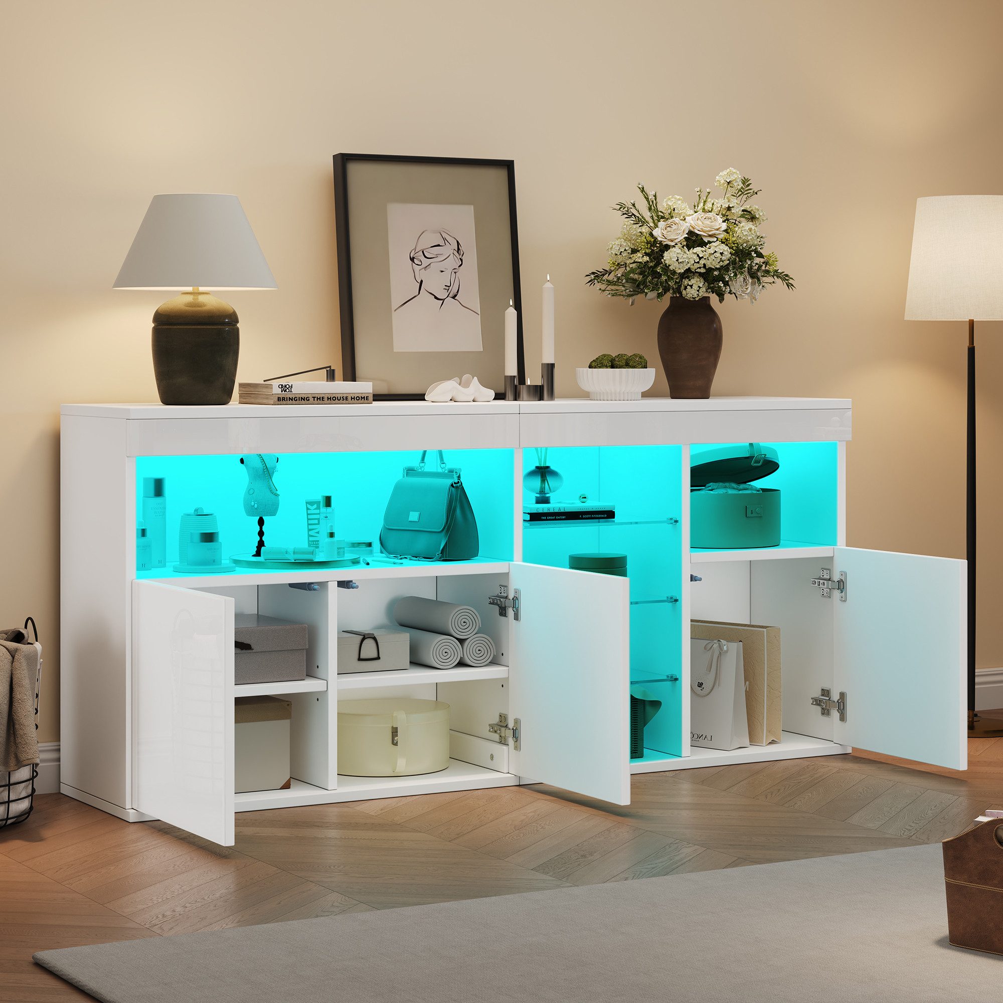 Merax Sideboard Hochglanz Anrichte mit LED-Beleuchtung inkl.APP (155,5 x 35 x 72 cm, 1 St), Kommode mit 3 Türen & Glasböden, Wohnzimmerschrank, Buffetschrank