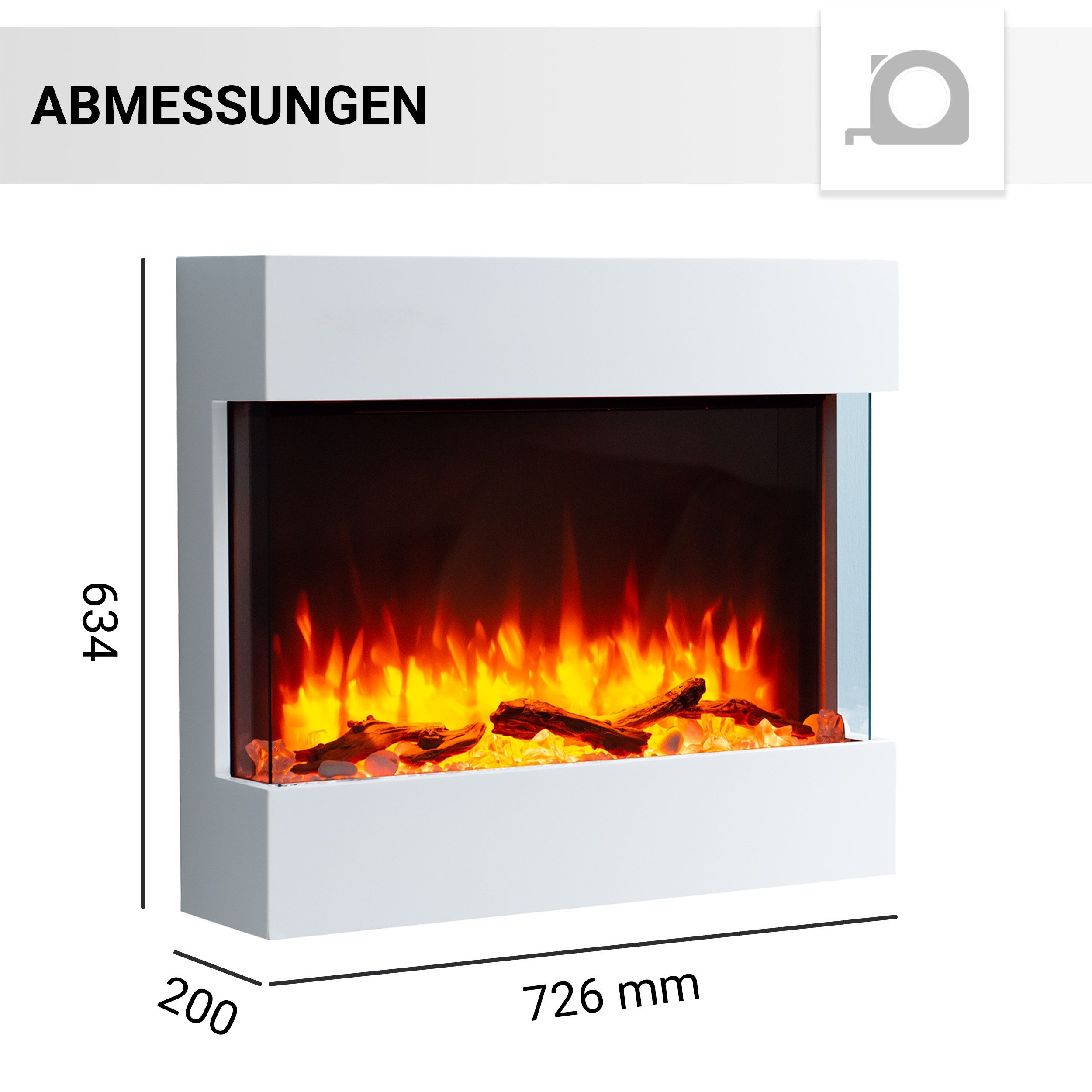 Balderia Elektrokamin BALDERIA Alva - Wandkamin, 2000 W - Weiß, 3D-Flammeneffekt, LED-Beleuchtung, Fernbedienung, Timer, Thermostat