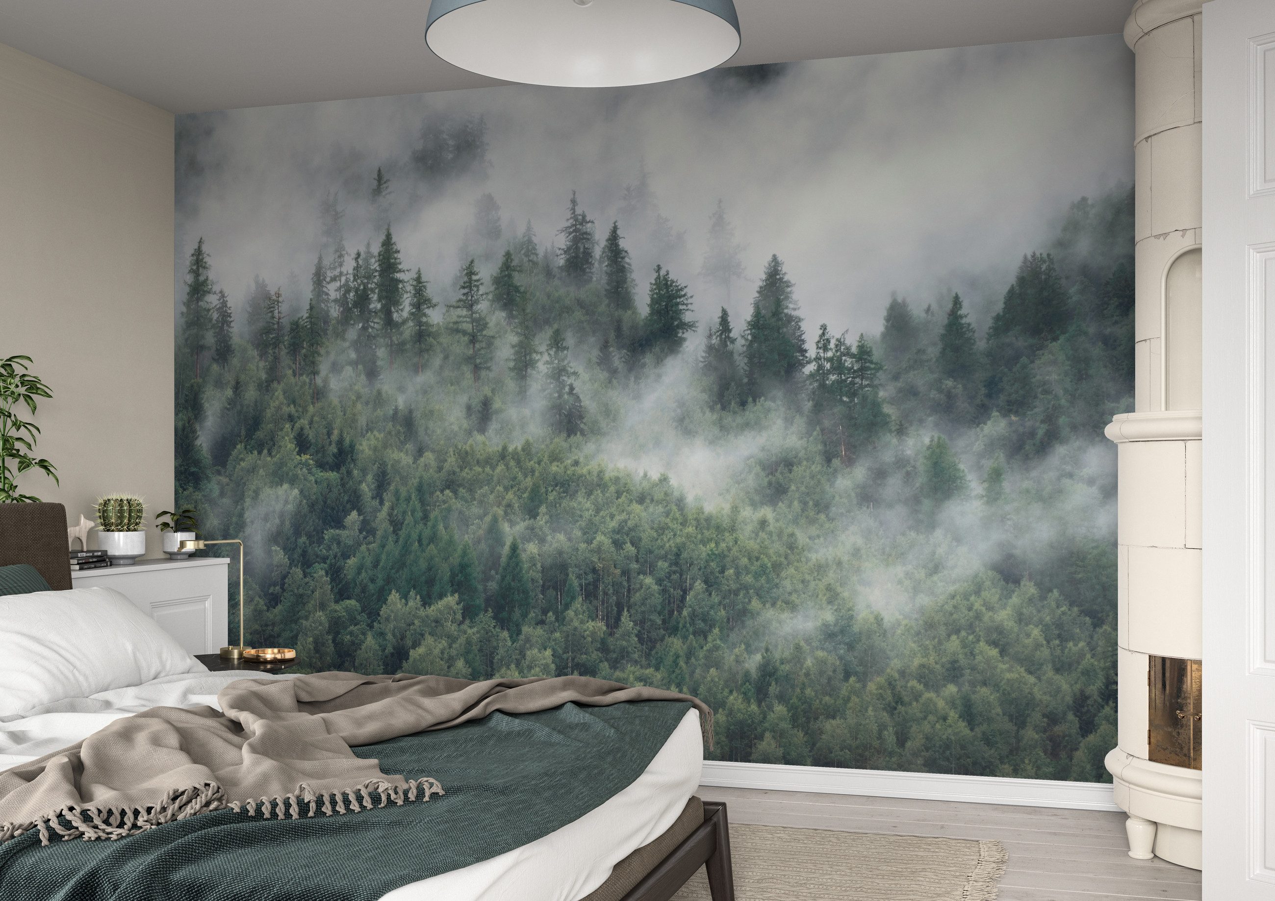 Rasch Fototapete Bäume, Wald, Berge & Wolken - Vliestapete Grün, bedruckt, (1 Rolle, 1 St., 2,65 m x 4,24 m), Lichtbeständige Farben - Feucht abwischbar - Restlost abziehbar