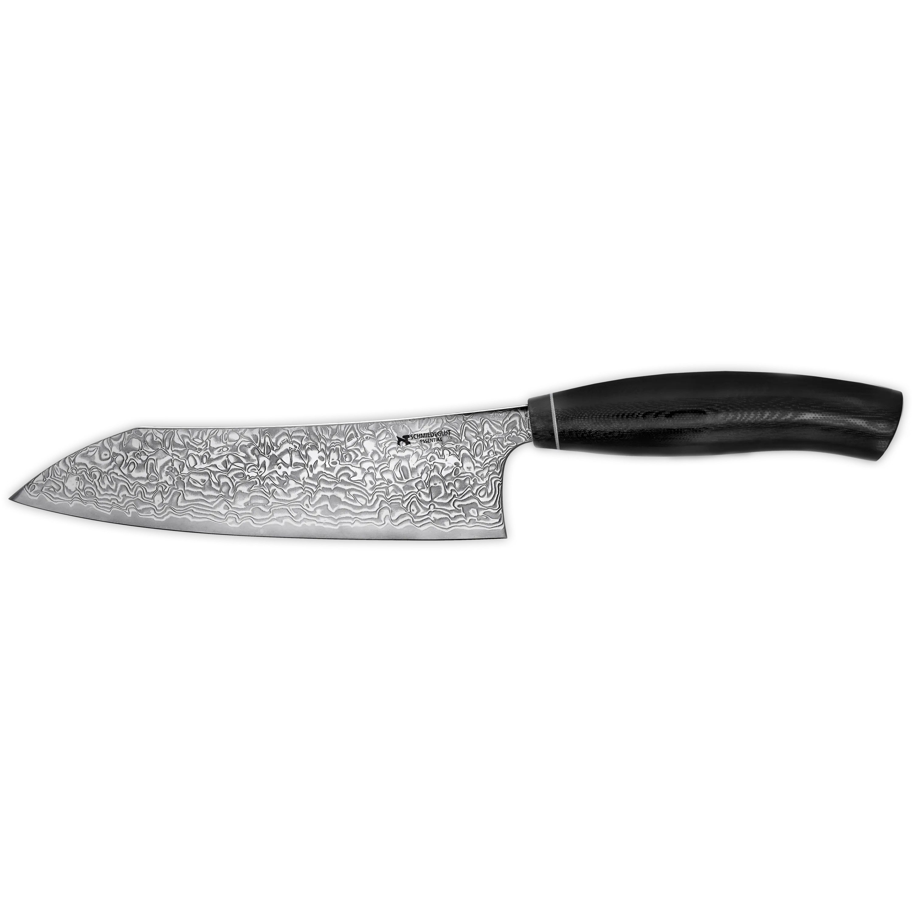 Schmiedeglut Santokumesser Santoku Essential Hochglanzpoliert G10 schwarz, Rostfreier Damaszener-Stahl mit ca. 61 HRC