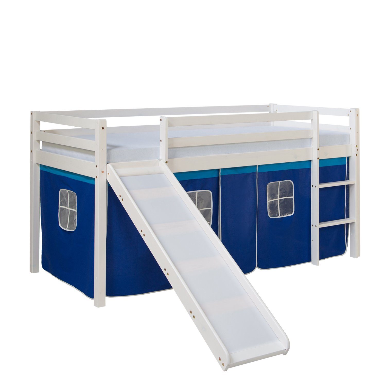 Homestyle4u Hochbett 90x200 mit Vorhang Lattenrost Matratze Rutsche in Weiß günstig online kaufen