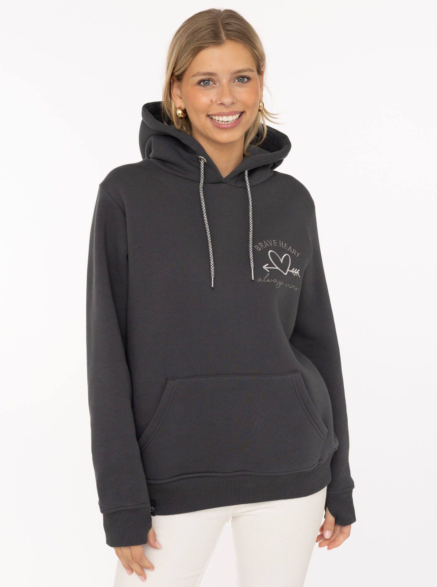 Zwillingsherz Hoodie "Trust" Pailletten Herz und Schriftzug, glänzende Kordel