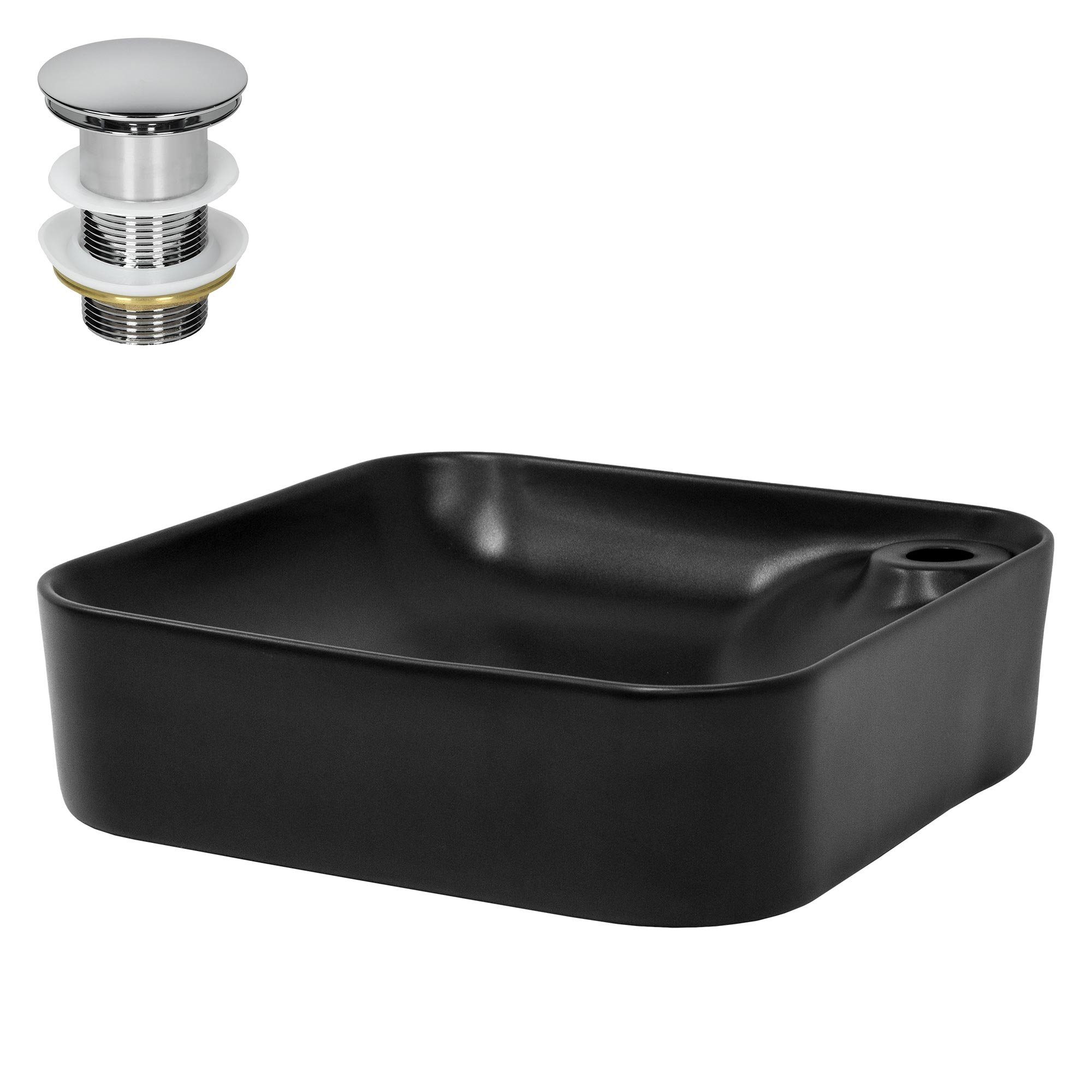 LuxeBath Waschbecken Waschtisch Aufsatzwaschbecken aus Keramik für Badezimmer / Gäste-WC, Handwaschbecken Schwarz inkl. Ablaufgarnitur ohne Überlauf