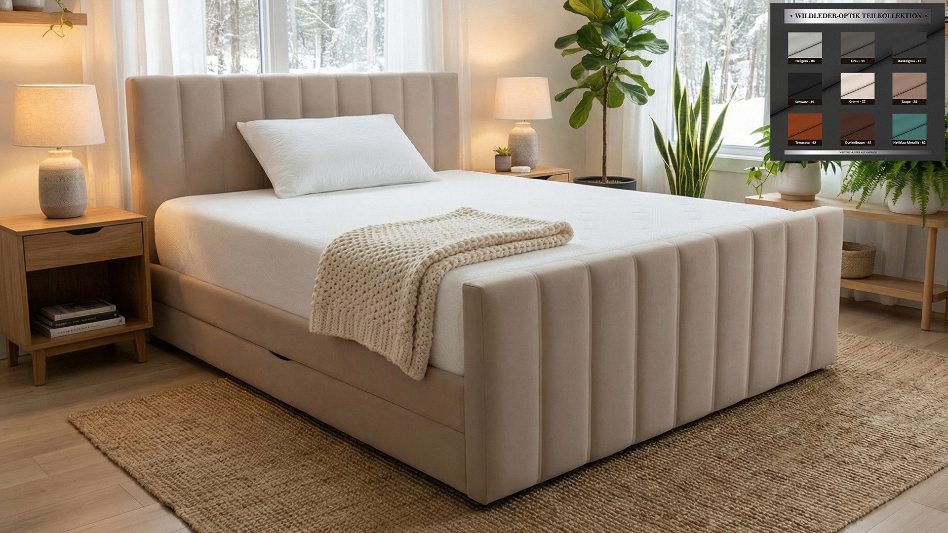 PAARA Boxspringbett mit Bettkasten und Matratze mit integrierten Topper - Modell Cali K, mit innovativem Belüftungssystem