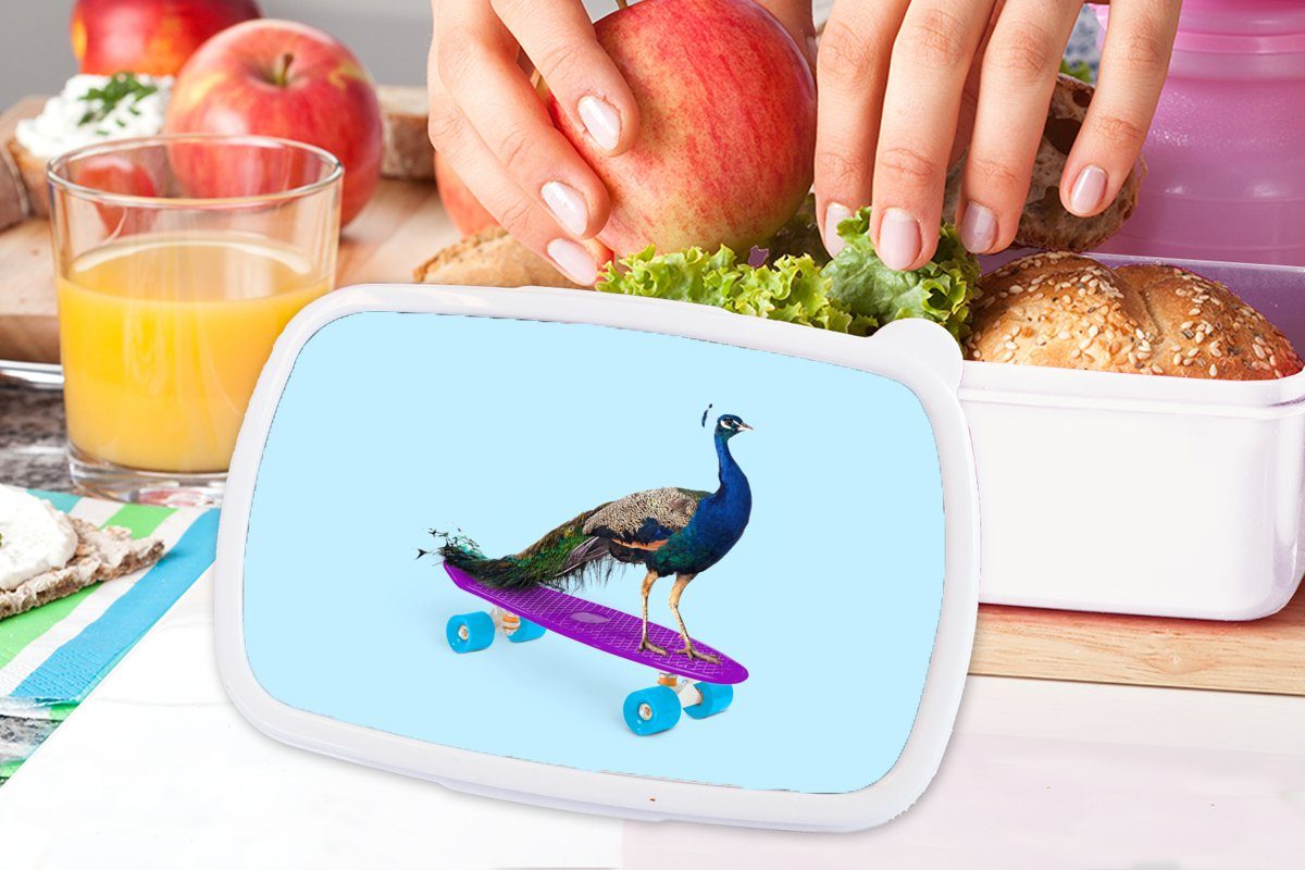 Kunststoff, Brotbox Erwachsene, - Lustig, für - - Brotdose, für Mädchen Jungs weiß und MuchoWow und Kinder Blau (2-tlg), - Pfau Tiere Skateboard Lunchbox