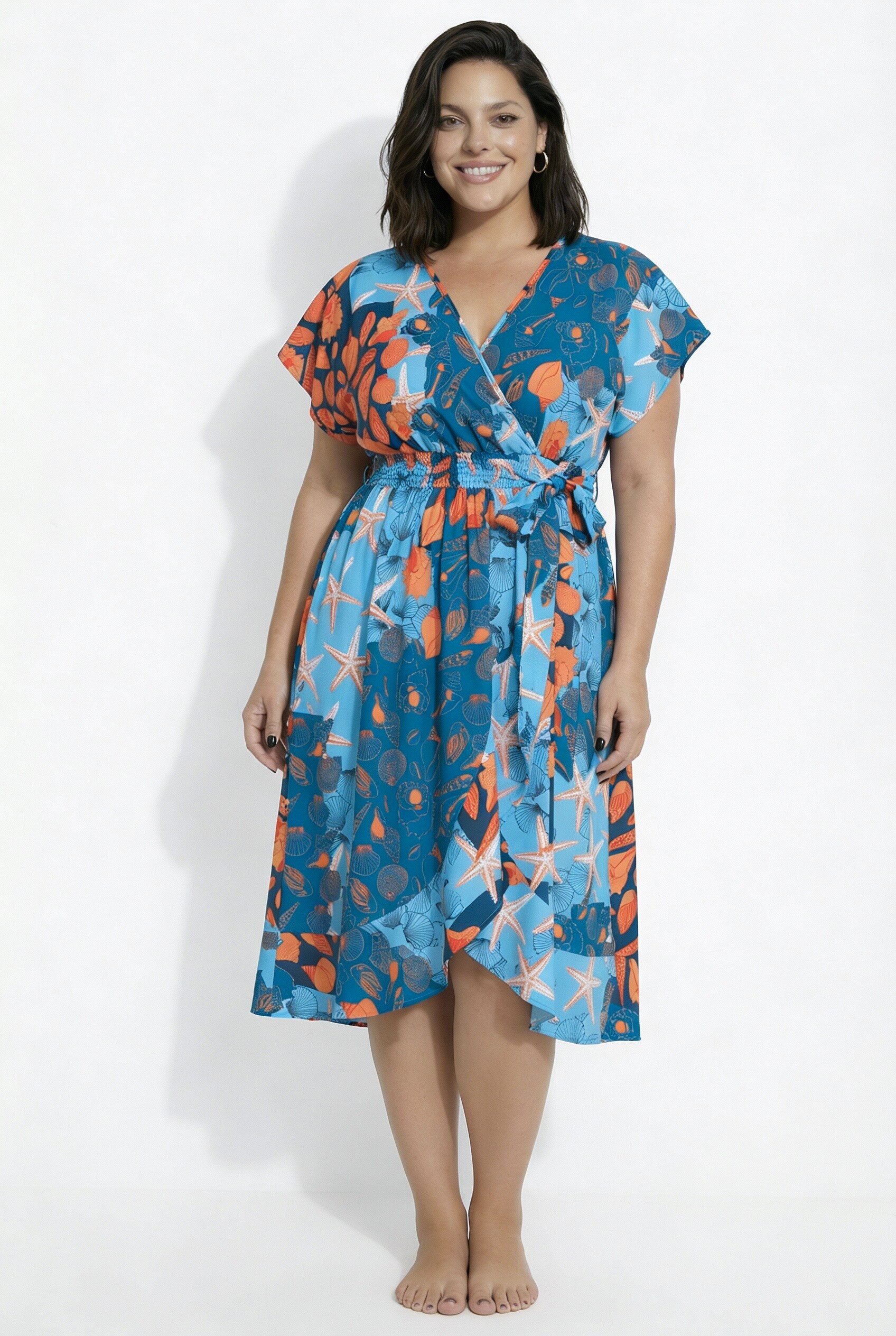 Ulla Popken Strandkleid Wickel-Kaftan Meeresmotive V-Ausschnitt Halbarm