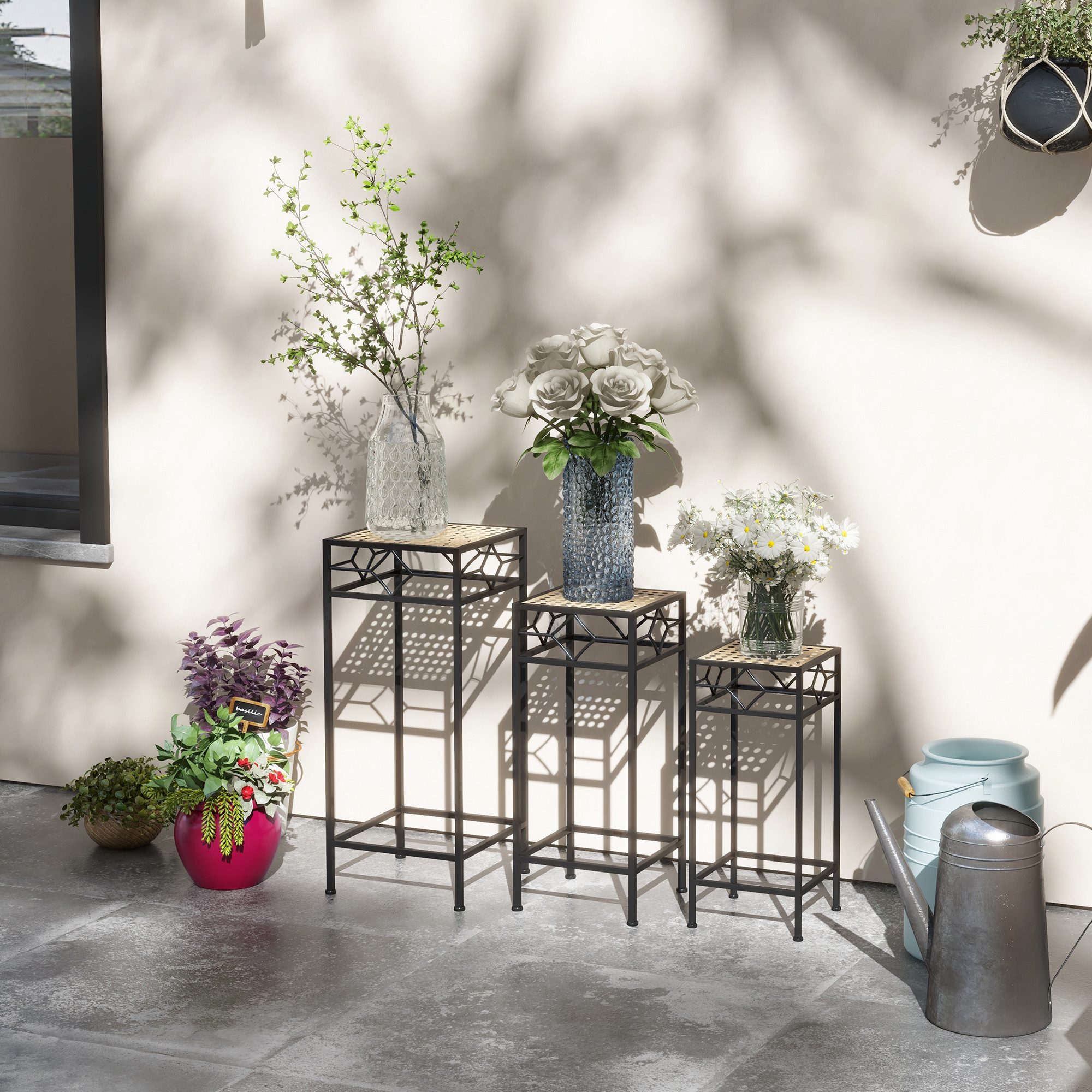 Outsunny Blumenständer 3-tlg. Pflanzenständer mit Rattanoptik, günstig online kaufen