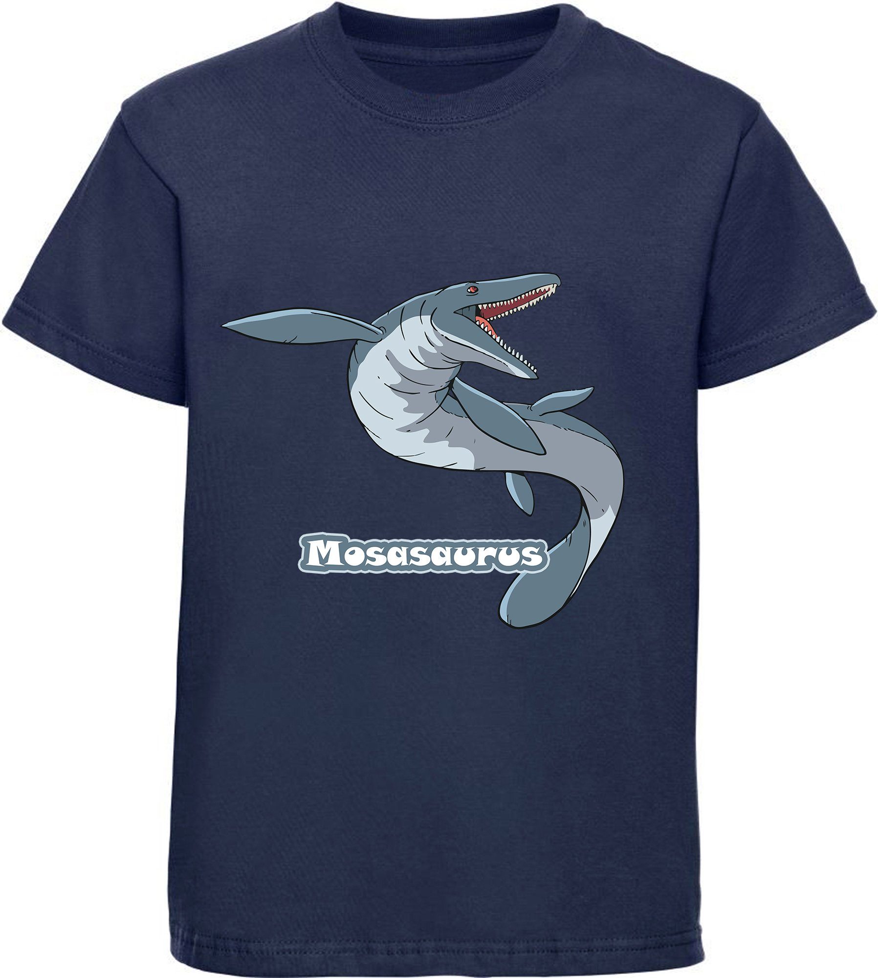 MyDesign24 T-Shirt bedrucktes Kinder T-Shirt mit Mosasaurus 100% Baumwolle mit Dino Aufdruck, navy blau i51