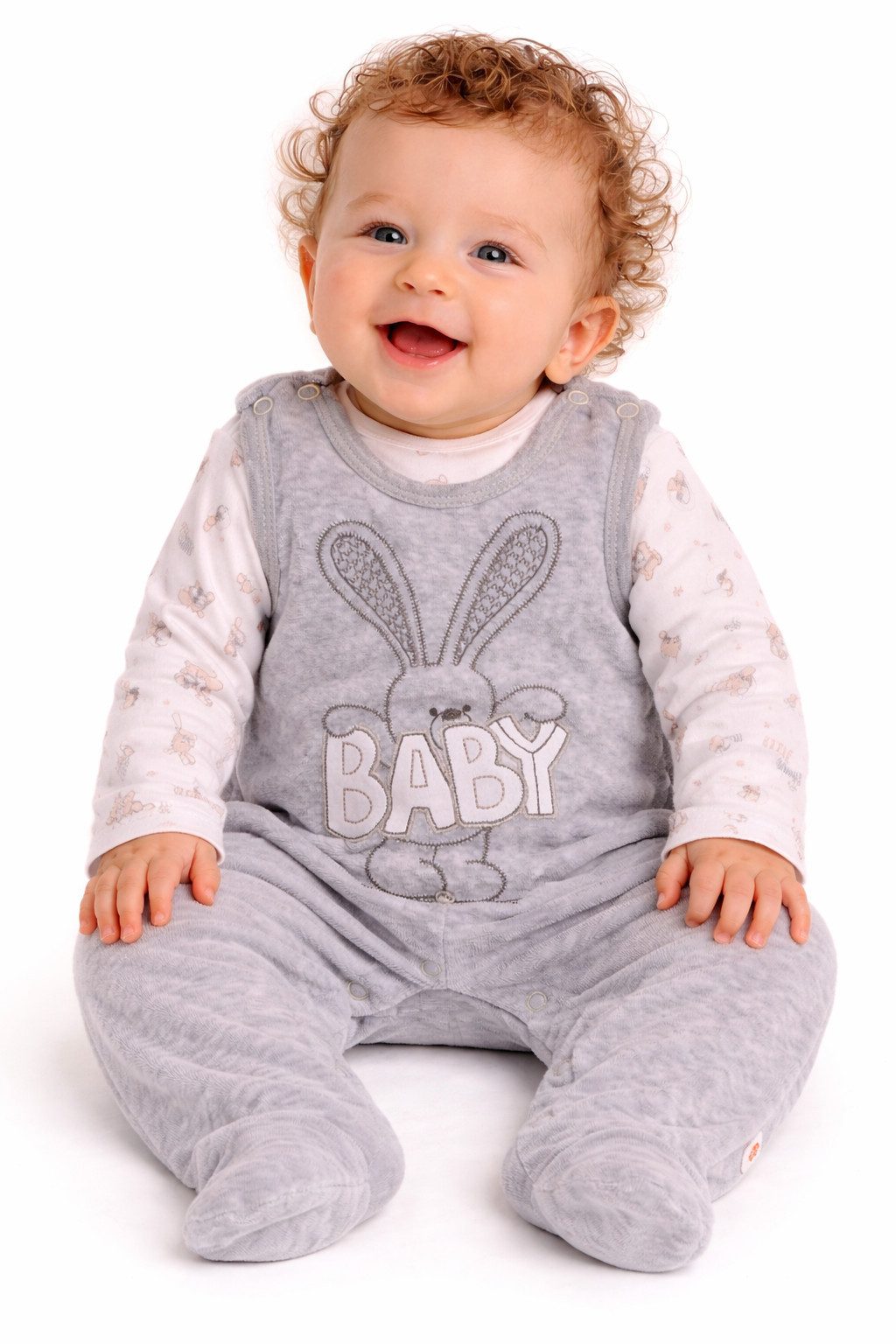 La Bortini Strampler Baby Strampler Set Velours Erstlingsset in Grau mit Hase wärmend, weich, neutral, 44 50 56 62 68