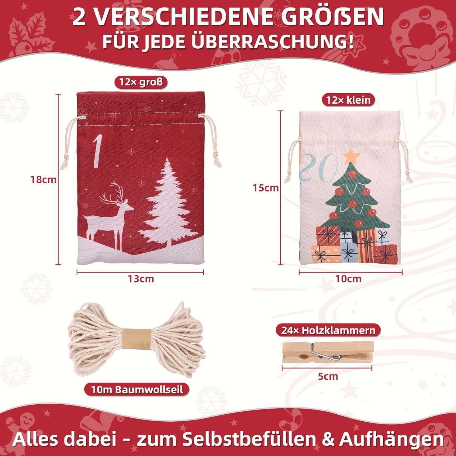 LuxusKollektion DIY-Adventskalender Adventskalender zum Befüllen 24 Stoffsäckchen mit Klammern und Schnur
