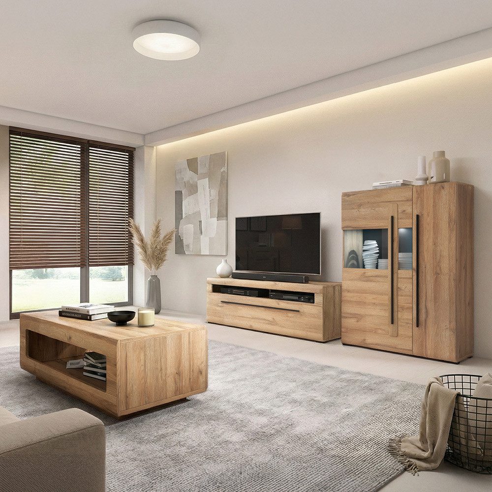 Lomadox Wohnzimmer-Set TURDA-83, (Mega-Spar-Set, 3-St., Couchtisch Highboard Lowboard Sideboard Vitrine Wandregal), Eiche Dekor braun Metallgriffe in schwarz inkl. LED Beleuchtung modern