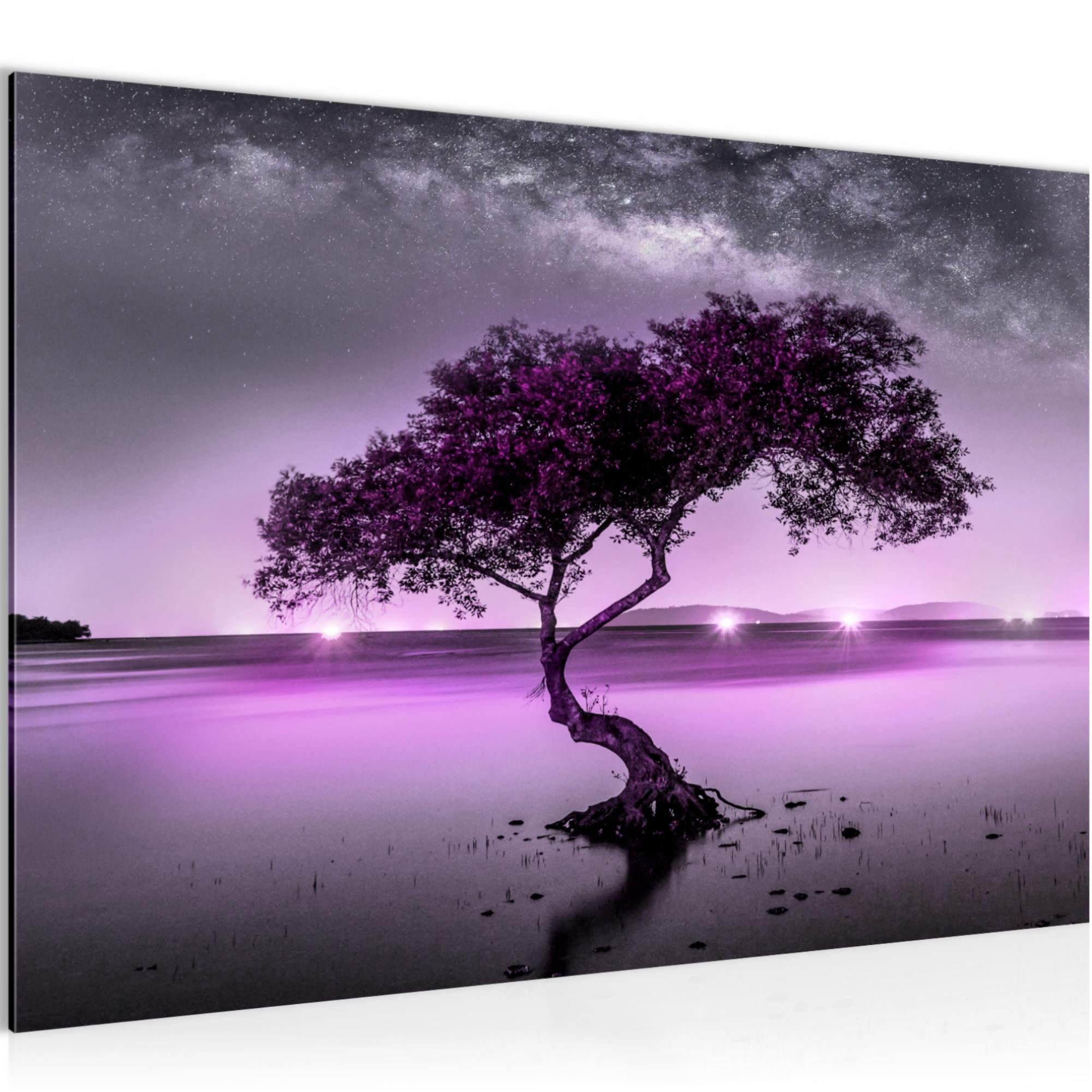 Runa Art Wandbild Bild Polarlicht Nacht Sterne Baum Lila Flur 044315c, 60L x 40B cm