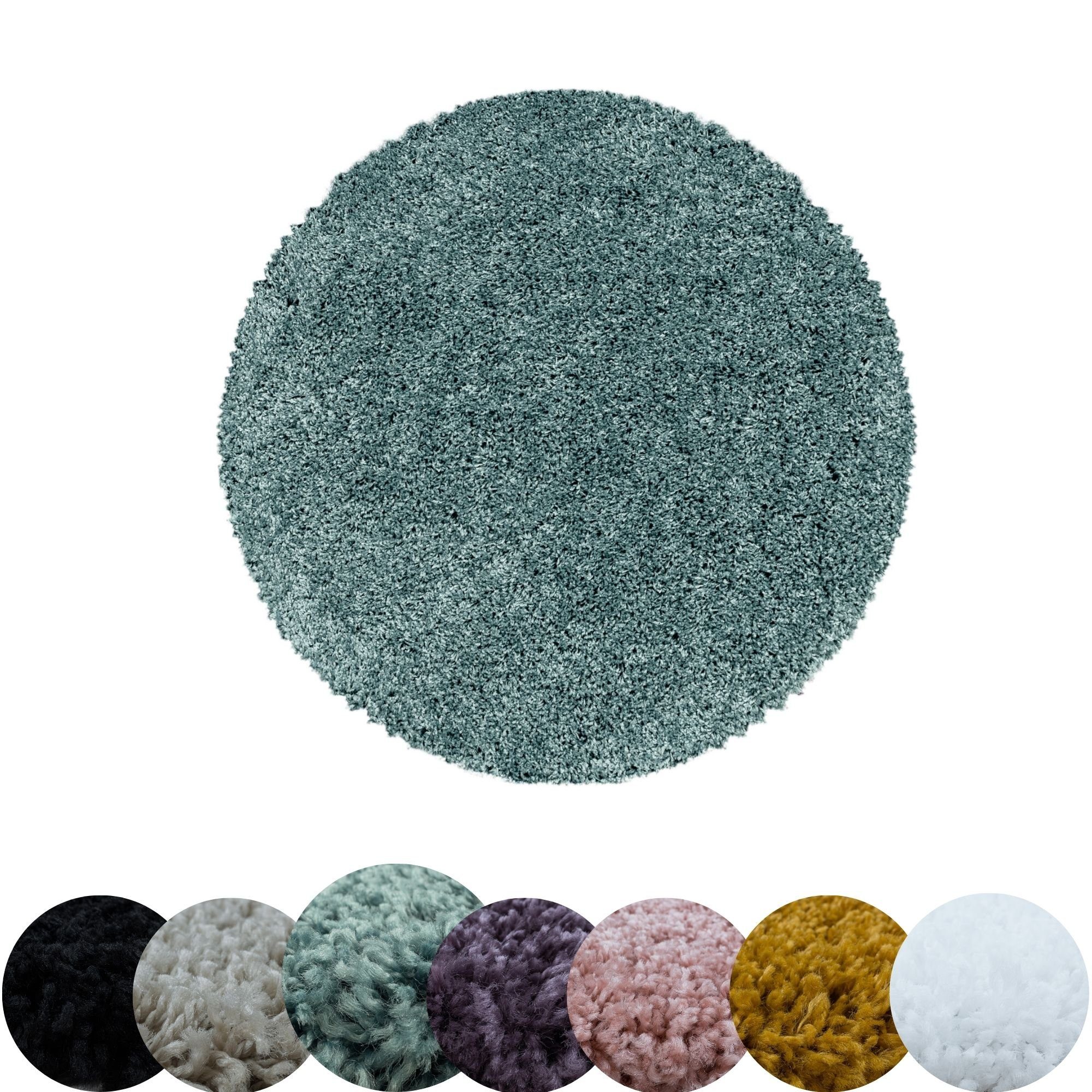 Teppich Unicolor - Einfarbig, HomebyHome, Rund, Höhe: 30 mm, Einfarbig Runder Teppich Wohnzimmer Shaggy versch. farben und größen Aqua