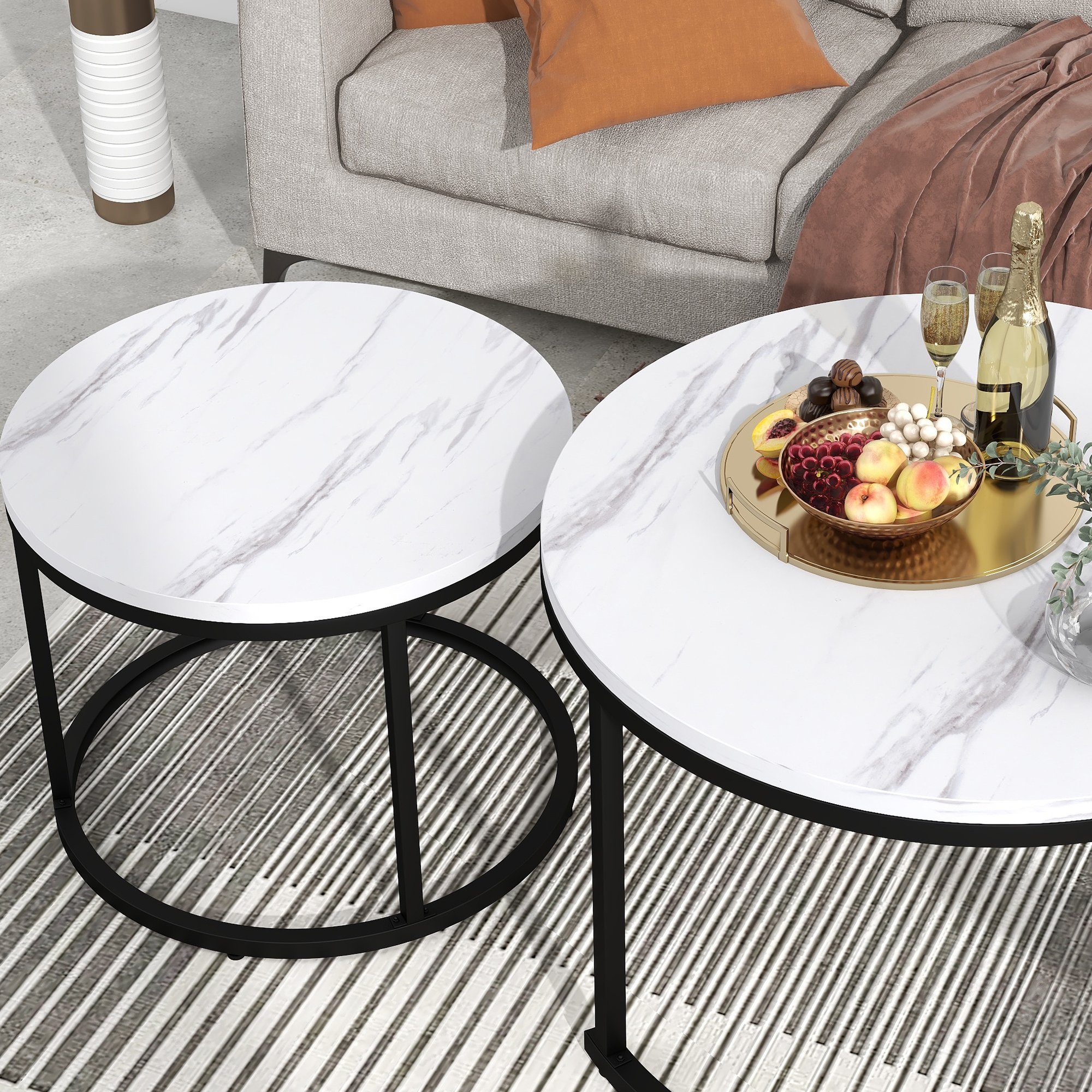 Merax Couchtisch Set rund Satztisch Wohnzimmertisch 1,5 cm Platte, Marmoroptik, 2er Set, Satztisch Wohnzimmertisch, Industrial