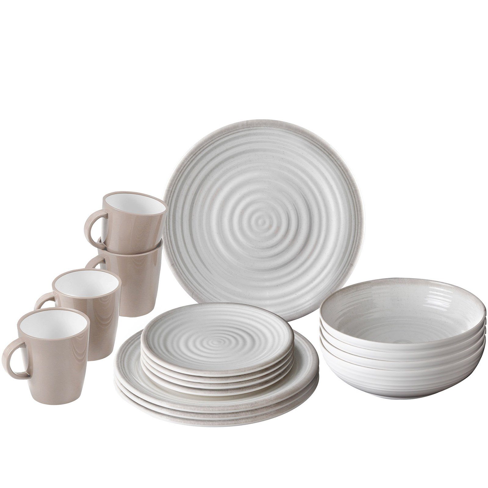 BRUNNER Geschirr-Set Melamin Ess Geschirr Set Lunch, Melamin-/Mineralgemisch, Box 16-teilig Camping Reise Teller Becher