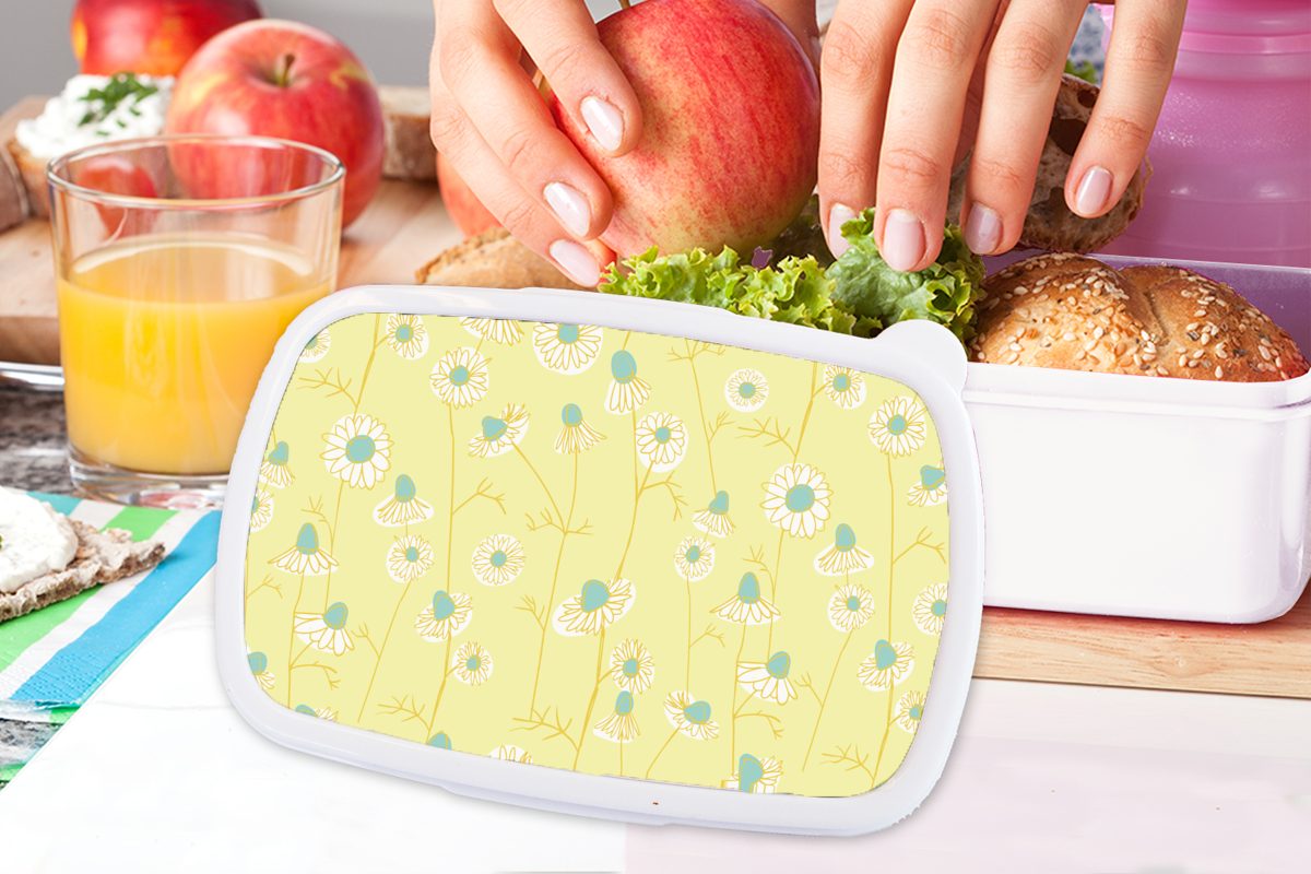Brotbox Kunststoff, für Muster - Kamille - Kinder weiß Kind Brotdose, und Kinder, Mädchen - - Lunchbox - MuchoWow (2-tlg), Blumen Jungs für - und Mädchen Erwachsene, Mädchen
