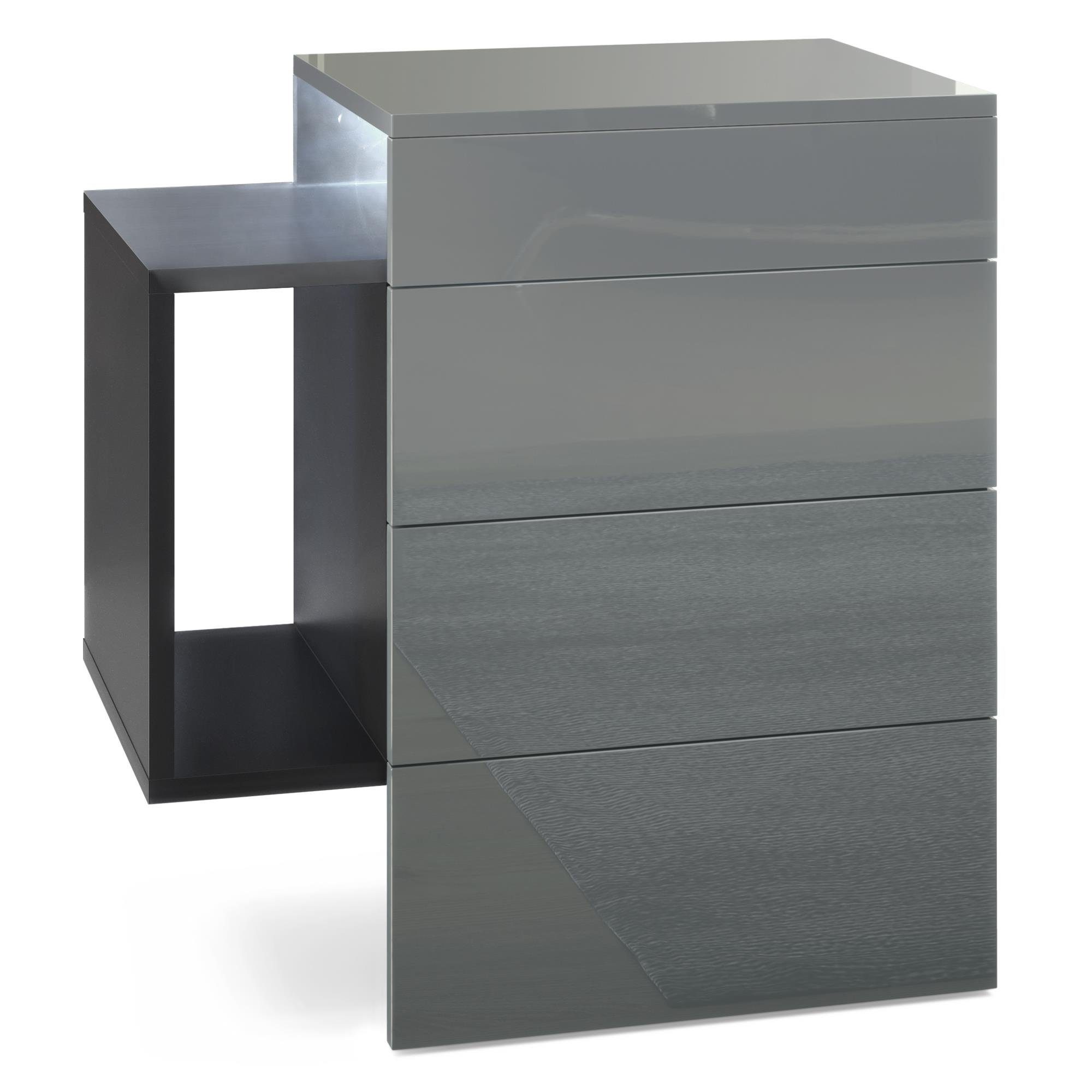Vladon Nachttisch Queens (Nachttischschrank mit 2 Schubladen, und 1 seitlichem Fach zur Wandmontage), Schwarz matt/Grau Hochglanz inkl. LED-Unterbaustrahler (60x63x36 cm)