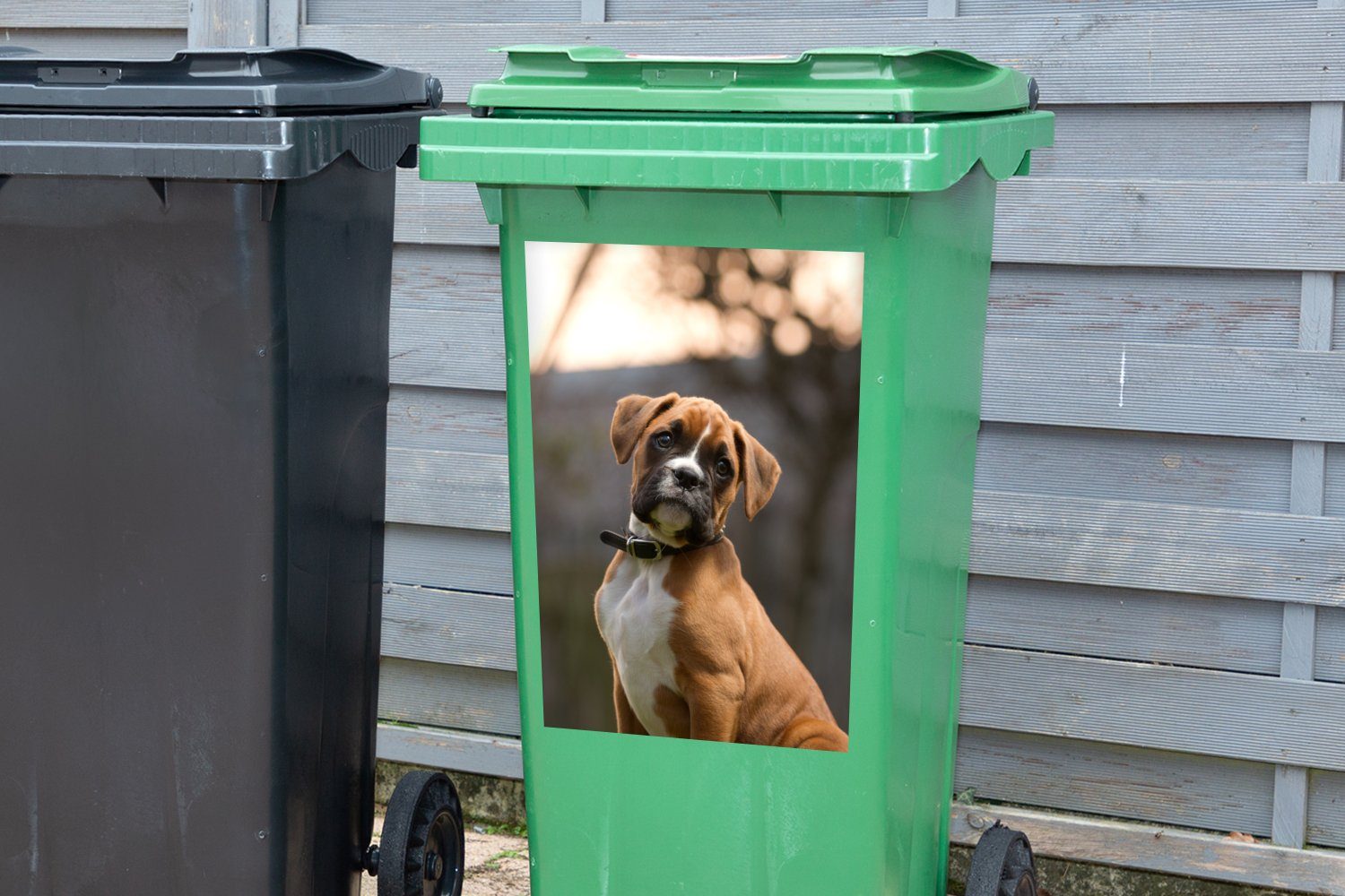 MuchoWow Wandsticker Mülleimer-aufkleber, Sticker, einem Welpen mit Container, Sonnenuntergang schönen Abfalbehälter (1 Mülltonne, St)