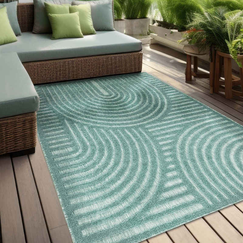 Teppich Indoor und Outdoor Teppich wetterfest Barcelona Wave Boho Style, TaraCarpet, rechteckig, Höhe: 10 mm, Wave Boho türkis Wohnzimmer Schlafzimmer Esszimmer 120X160