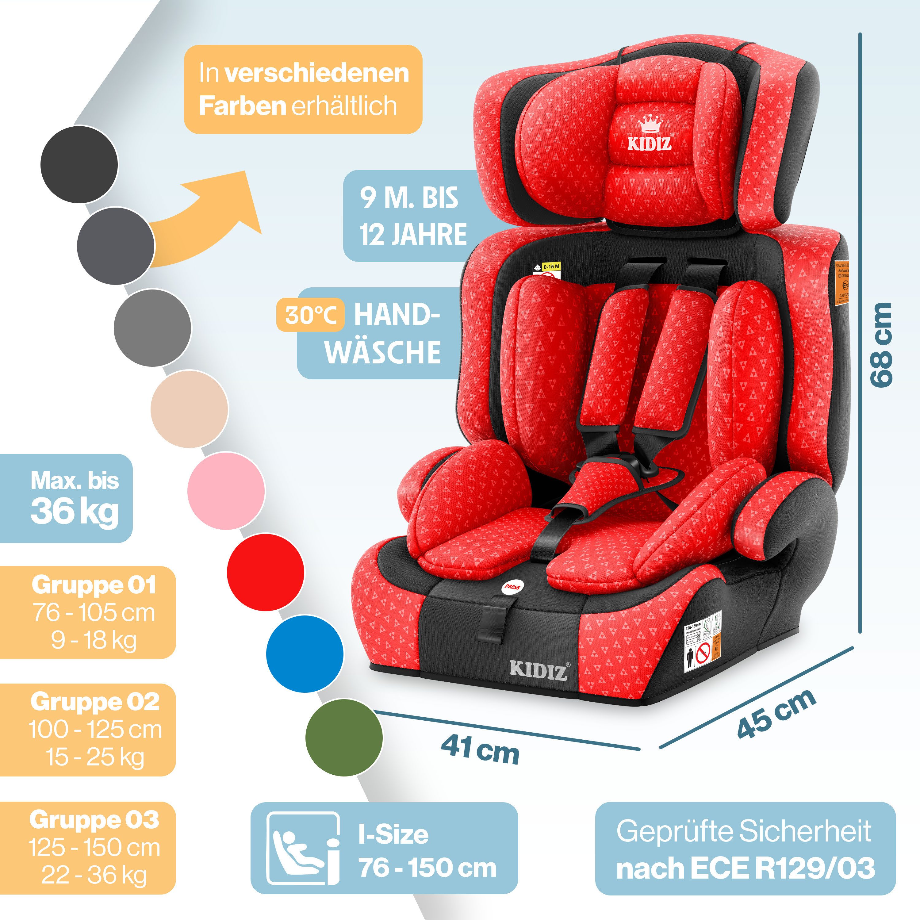 KIDIZ Autokindersitz, Kinderautositz 1-12 Jahre, Mitwachsend, Gruppe 1+2+3, 9-36 kg Autositz