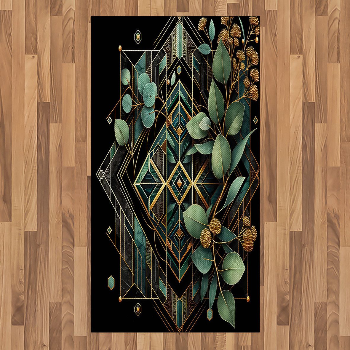 Teppich Flachgewebe Deko-Teppiche für das Wohn-,Schlaf-, und Essenszimmer, Abakuhaus, rechteckig, Eukalyptusblätter Art Deco Rhombus Ornament