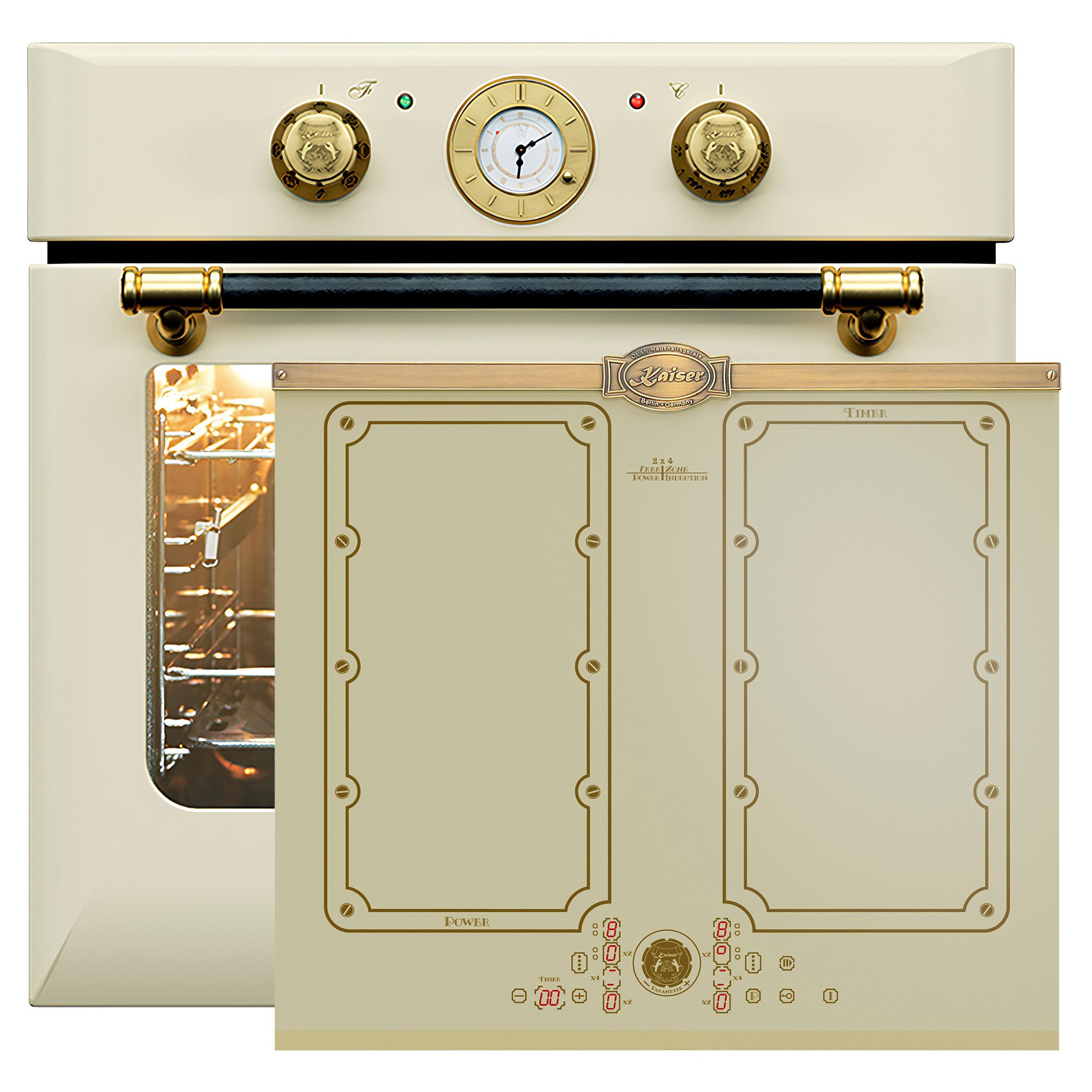 Kaiser Küchengeräte Backofen-Set Herd Set Autark Retro Einbaubackofen 68L Drehspieß Selbstreinigung Pizzafunktion 60 cm mit Induktionskochfeld 60 cm FREE ZONE mit 2 FLEX Induktions-Zonen EH 6432 ElfBE Eco+KCT 6192 FI ElfEm., mit 1-fach-Teleskopauszug, Katalytische Selbstreinigung