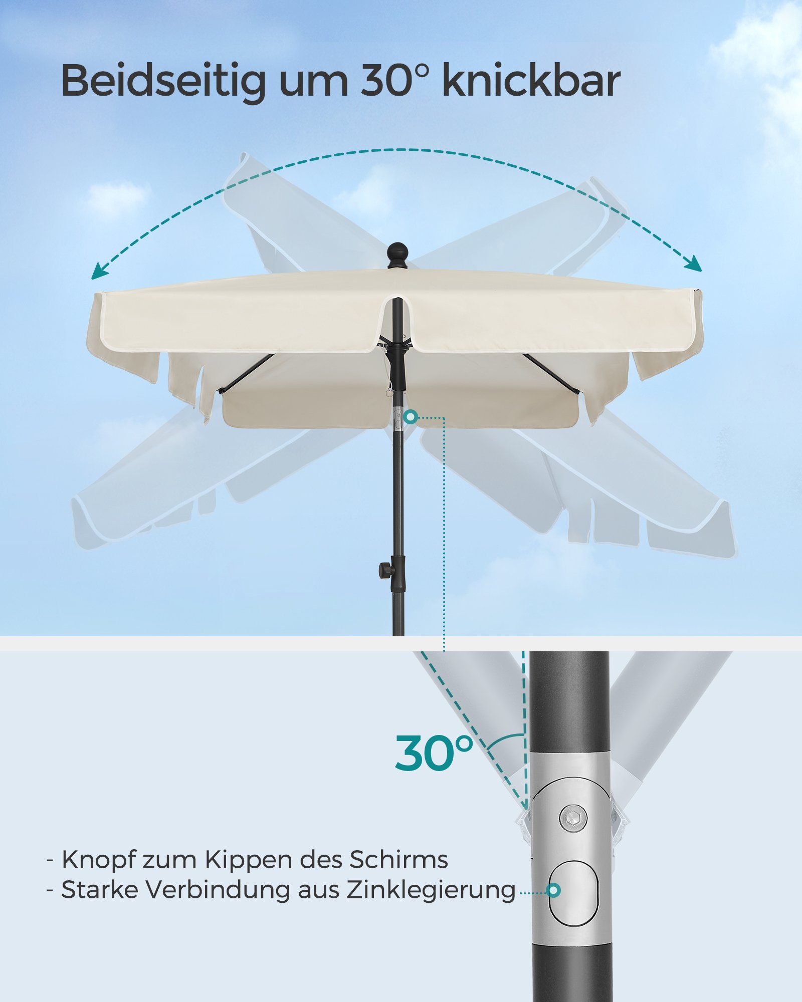 SONGMICS Sonnenschirm, LxB: 180,00x125,00 cm, Balkonschirm, UPF 50+, Aufbewahrungstasche, ohne Ständer