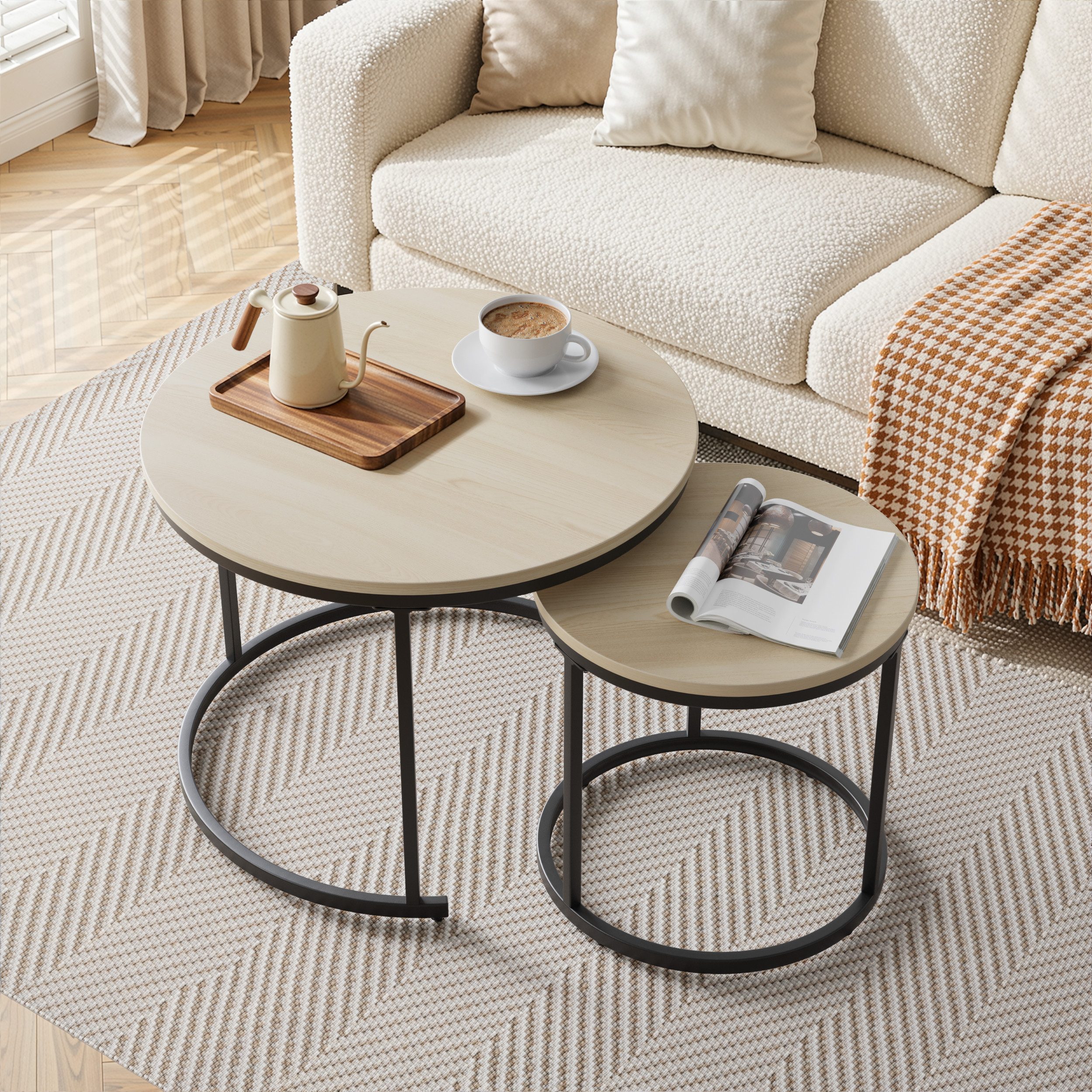 MODFU Couchtisch mit Eichenfurnier (Metallgestell, moderner Stil, geeignet für Wohnzimmer, Schlafzimmer, Balkon., 1-St., L60*W60*H45)