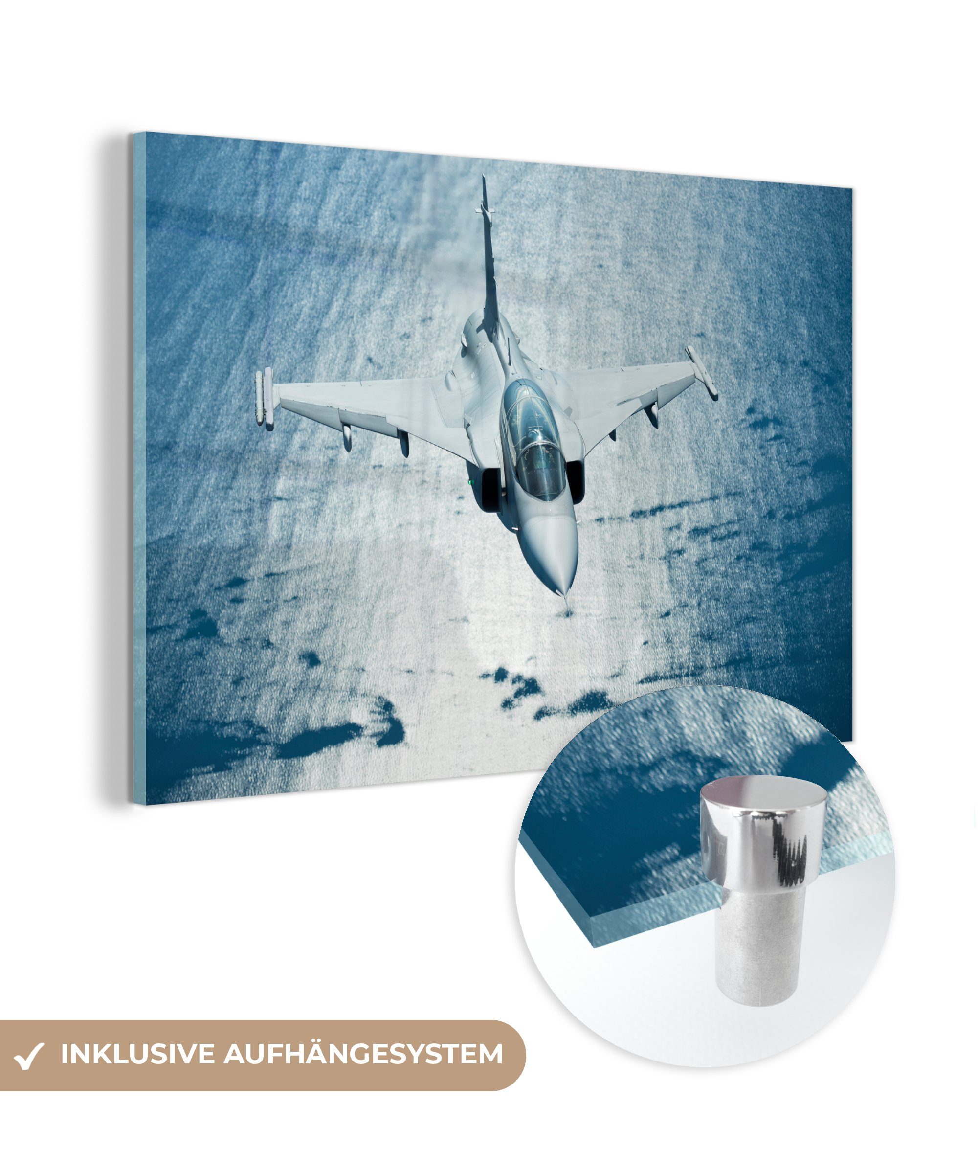MuchoWow Acrylglasbild Ein Jetliner über dem dunkelblauen Wasser, (1 St), Acrylglasbilder Wohnzimmer & Schlafzimmer