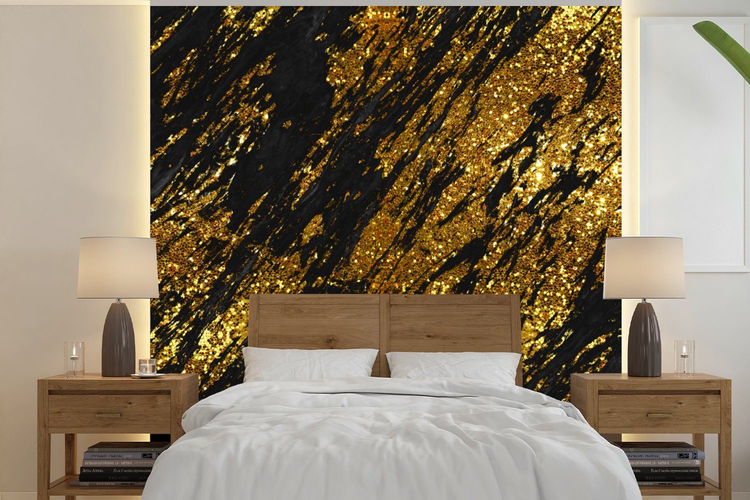 Wohnzimmer St), - Matt, Fototapete Gold Schlafzimmer (4 Küche, - Marmor Glitter Fototapete MuchoWow Schwarz, - bedruckt, Vliestapete für
