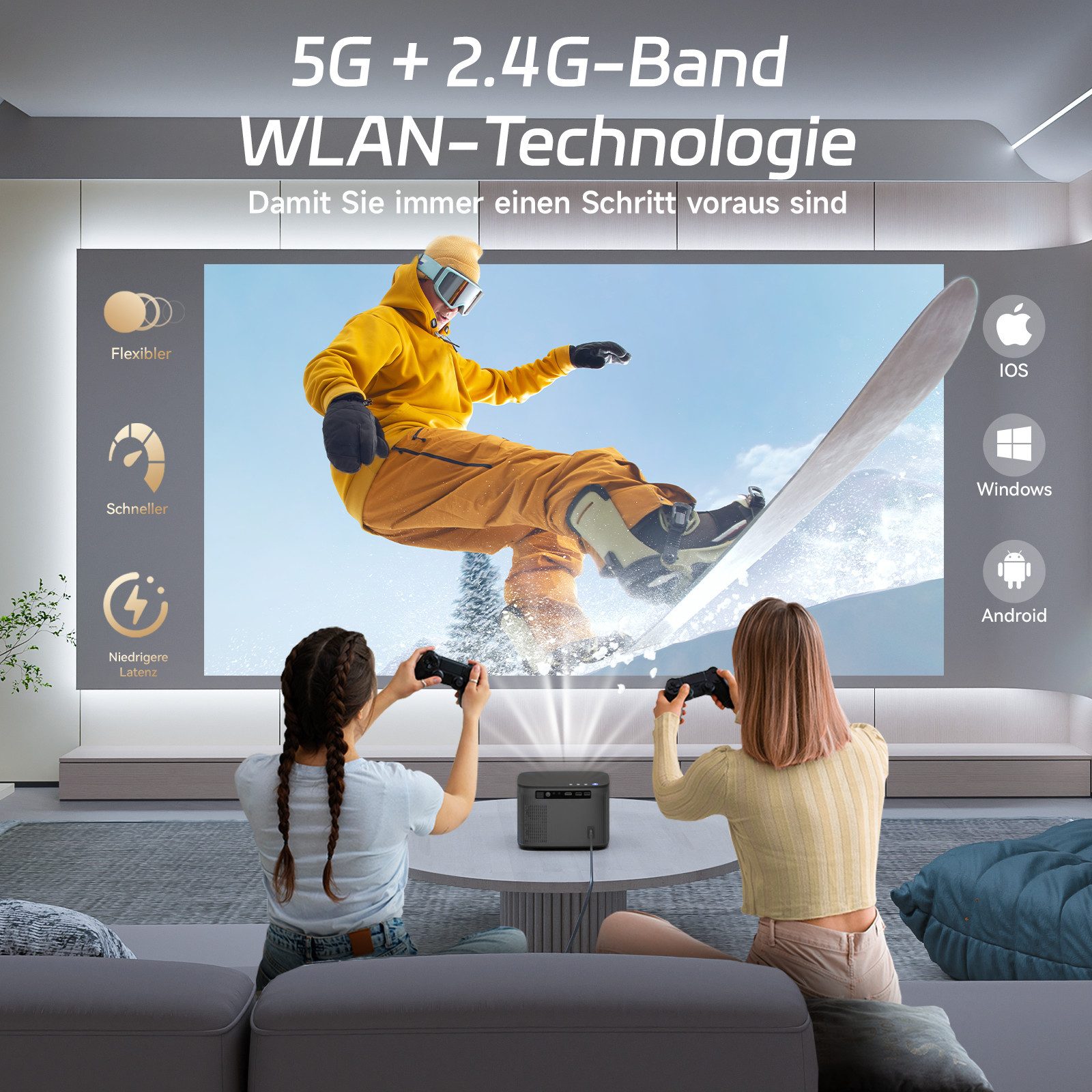 ZOOMCAT ZOOMCAT C26 Beamer 4K Mit Netflix Zertifizierung Beamer (35000 lm, 35000 : 1, 3840x2160 px, Auto Fokus, Auto Trapezkorrektur, Auto Hindernisvermeidung) grau|silberfarben