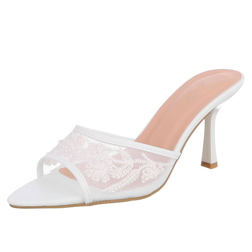 Ital-Design Damen High Heel Mule mit Stickerei & Perlen Pantolette (92214411) Pfennig-/Stilettoabsatz Sandalen & Sandaletten in Weiß