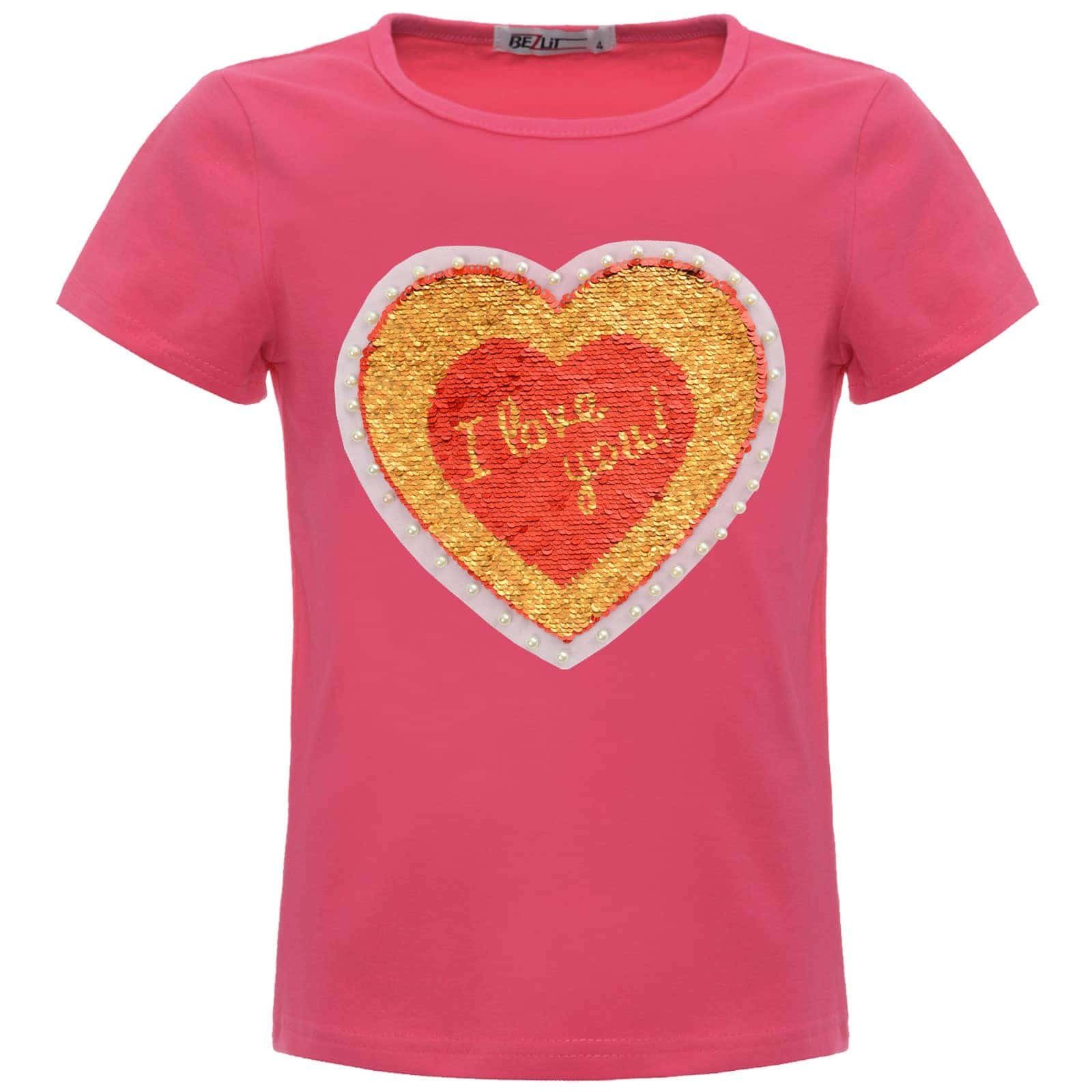 BEZLIT Paillettenshirt Mädchen T-Shirt Wende (1-tlg) mit Pink Kunstperlen Motiv Herz mit Pailletten Wendepailletten