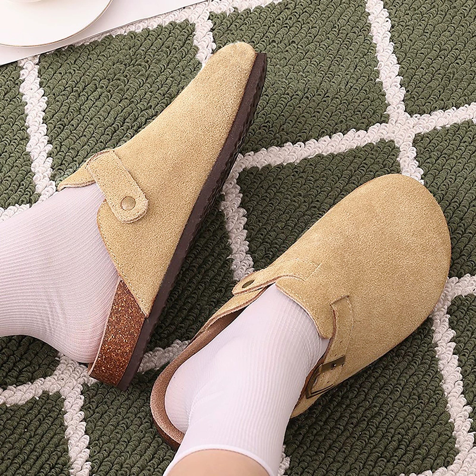 TAN.TOMI Boston Wildleder Clog Leder Pantoletten Clogs Clog Schuhe mit Arch Support Gartenschuhe Geschlossene Latschen
