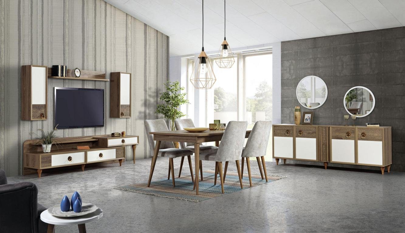 JVmoebel Esszimmer-Set Esszimmer Set Tisch 4x Stühle Anrichte Set Garnitur Design Holz Textil, (6-St)