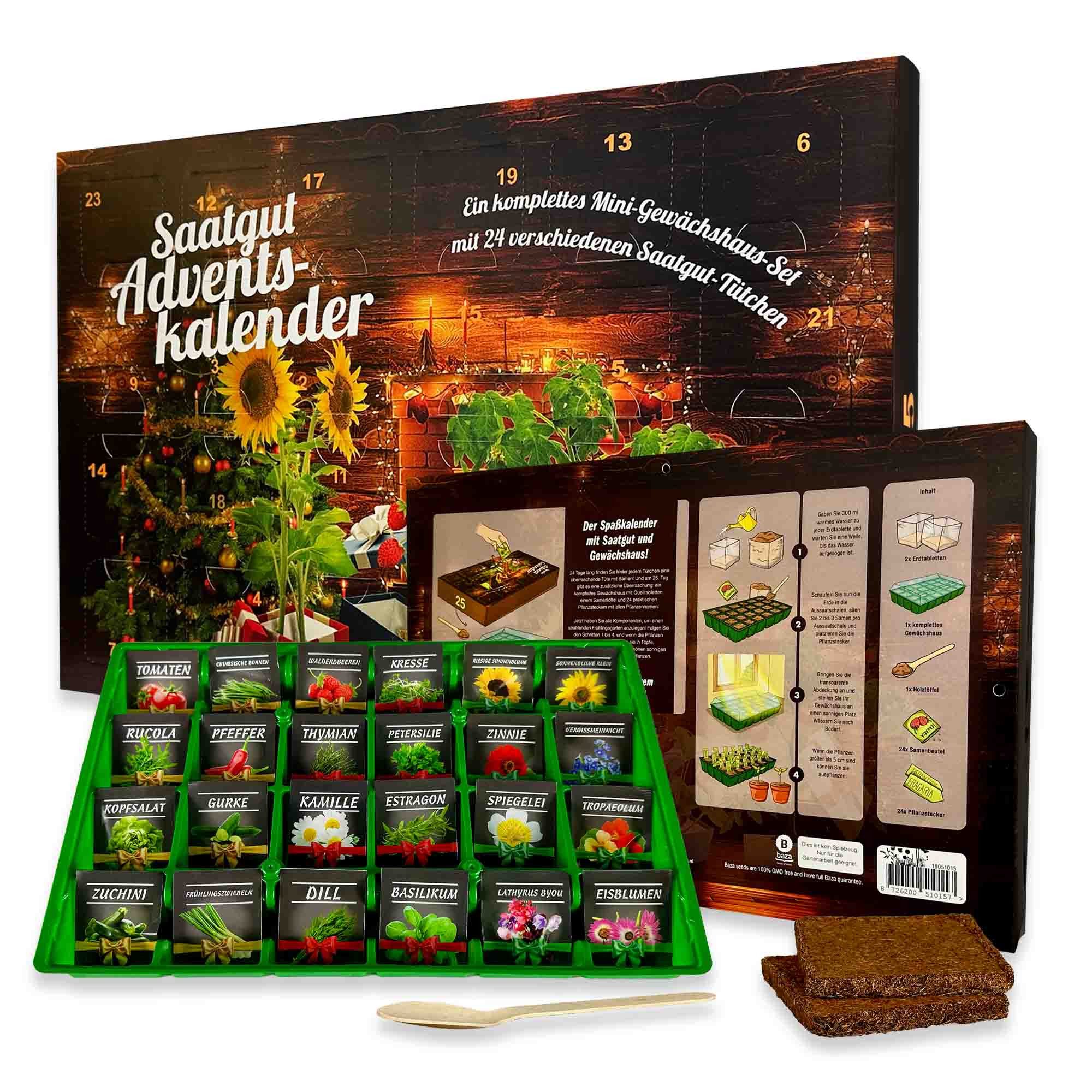 Baza House of Seeds Adventskalender Saatgut Adventskalender 2025 – 24 Samenarten & Mini-Gewächshaus, Geschenk für Gartenliebhaber/mit Blumen-, Gemüse- und Kräutersamen