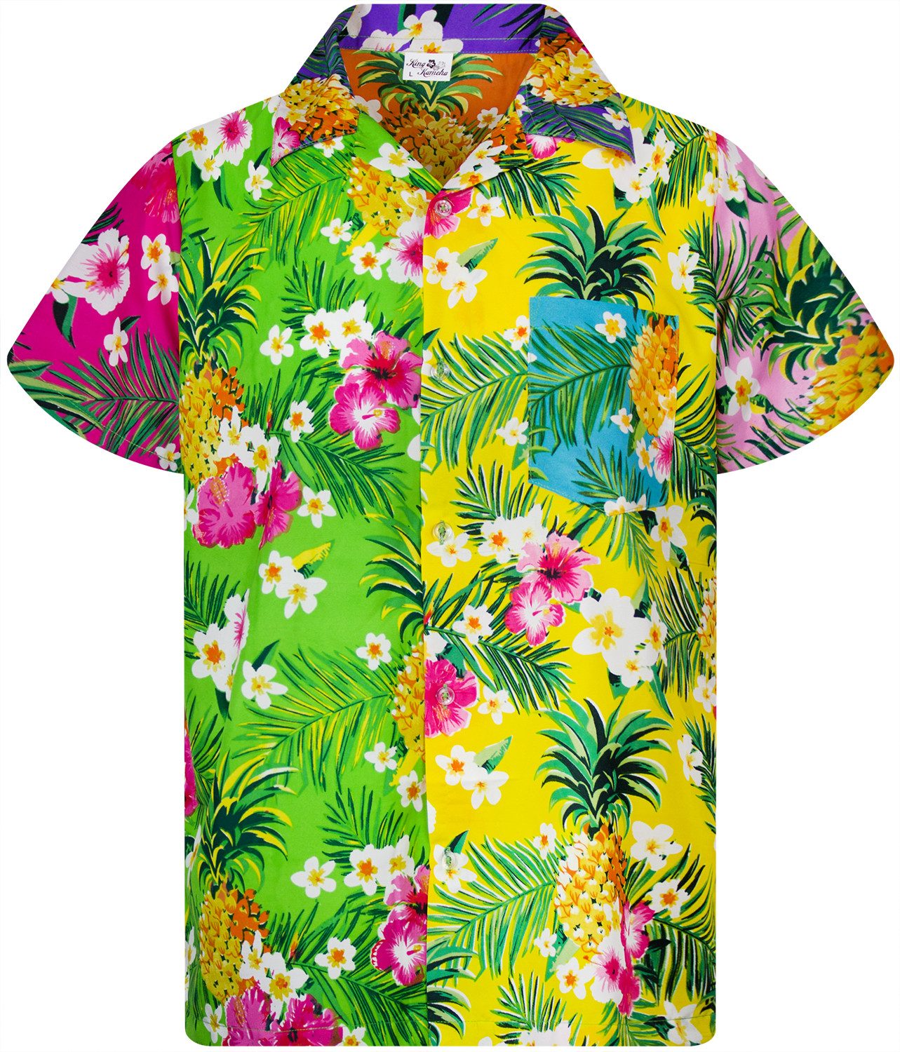 King Kameha Hawaiihemd Pineapple Flowers Funky Hawaii-Hemd Kurzarm Front-Tasche Unisex