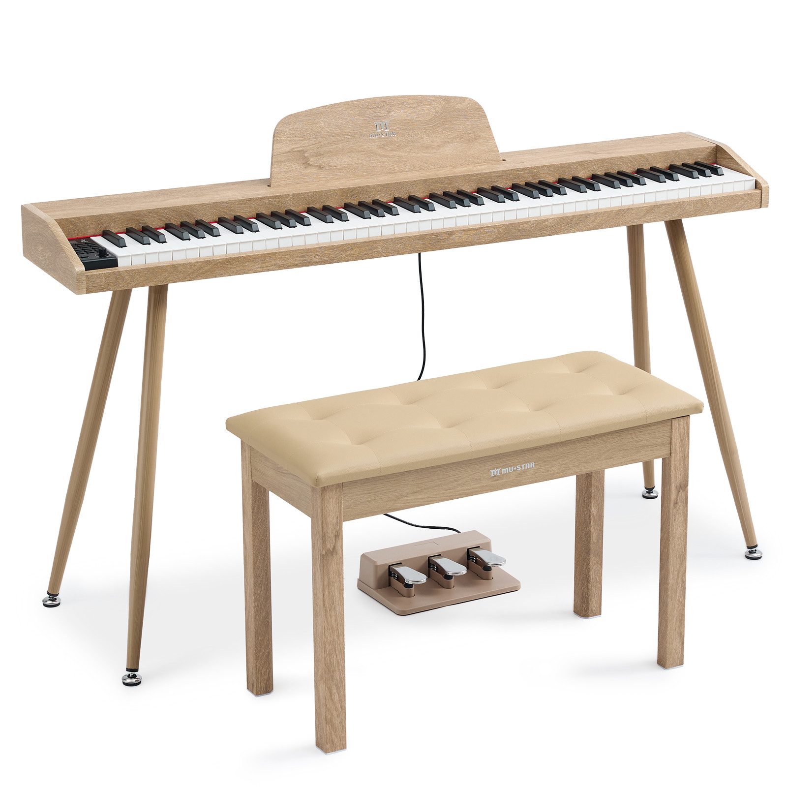 MUSTAR Digitalpiano 88-Tasten, 800 Klänge, 3 Pedale, Hellholz (1-St), USB-MIDI, Ständer & Hocker im Komplettset für Anfänger