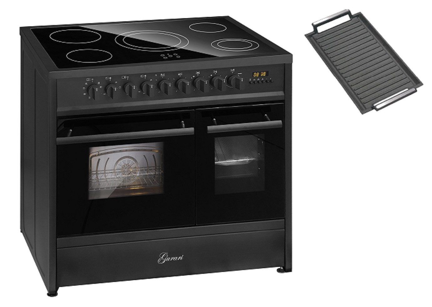 GURARI Elektro-Standherd GCH E 912 DF BL+Grillplatte, mit 1-fach-Teleskopauszug, Elektro Standherd 90 cm, Doppelbackofen, Schwarz, Range Coocker 90 cm