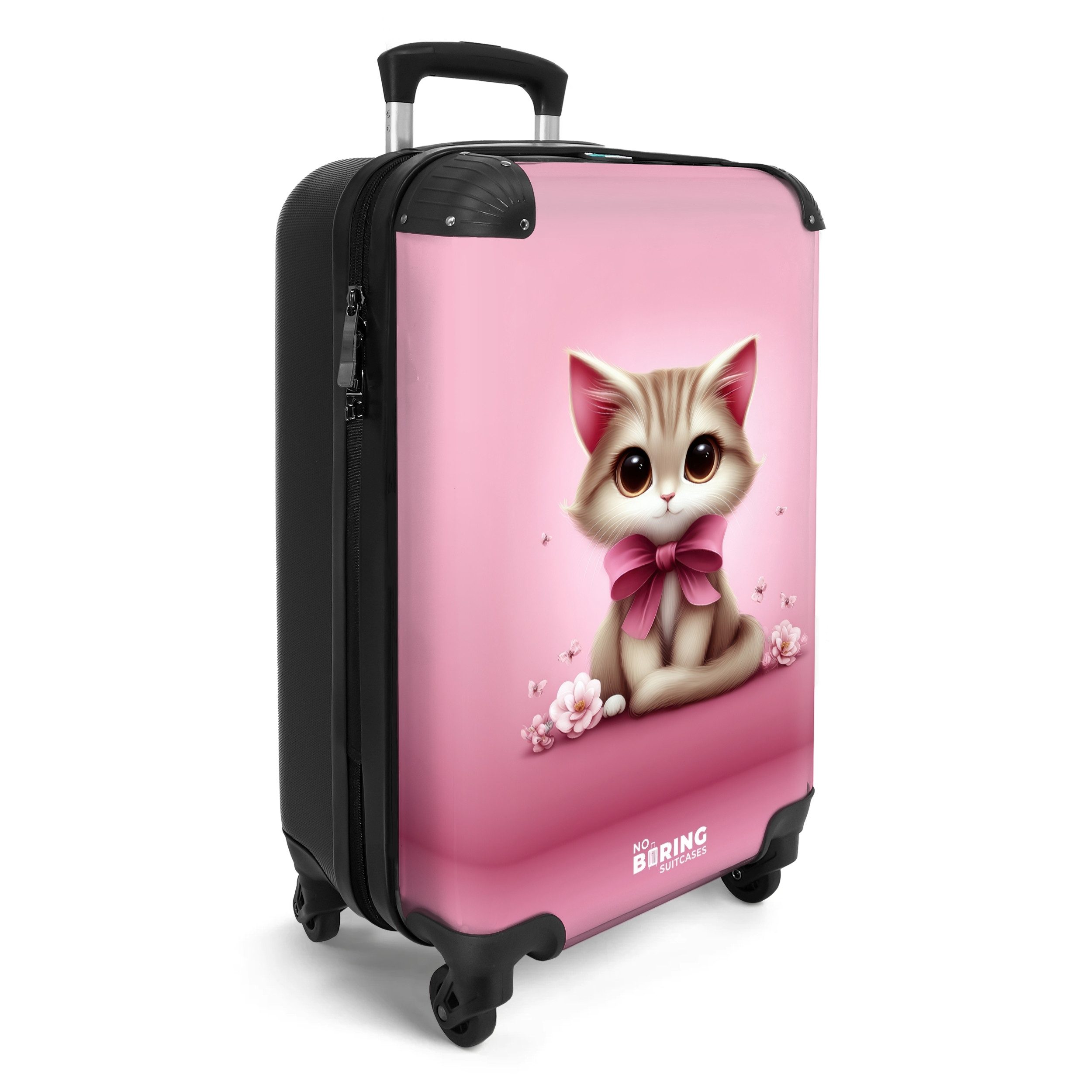 NoBoringSuitcases.com© Kinderkoffer Katze mit Schleife zwischen Blumen 55x35x20cm, 4 Rollen, Kinder Koffer Klein, Trolley Handgepäck, Reisekoffer
