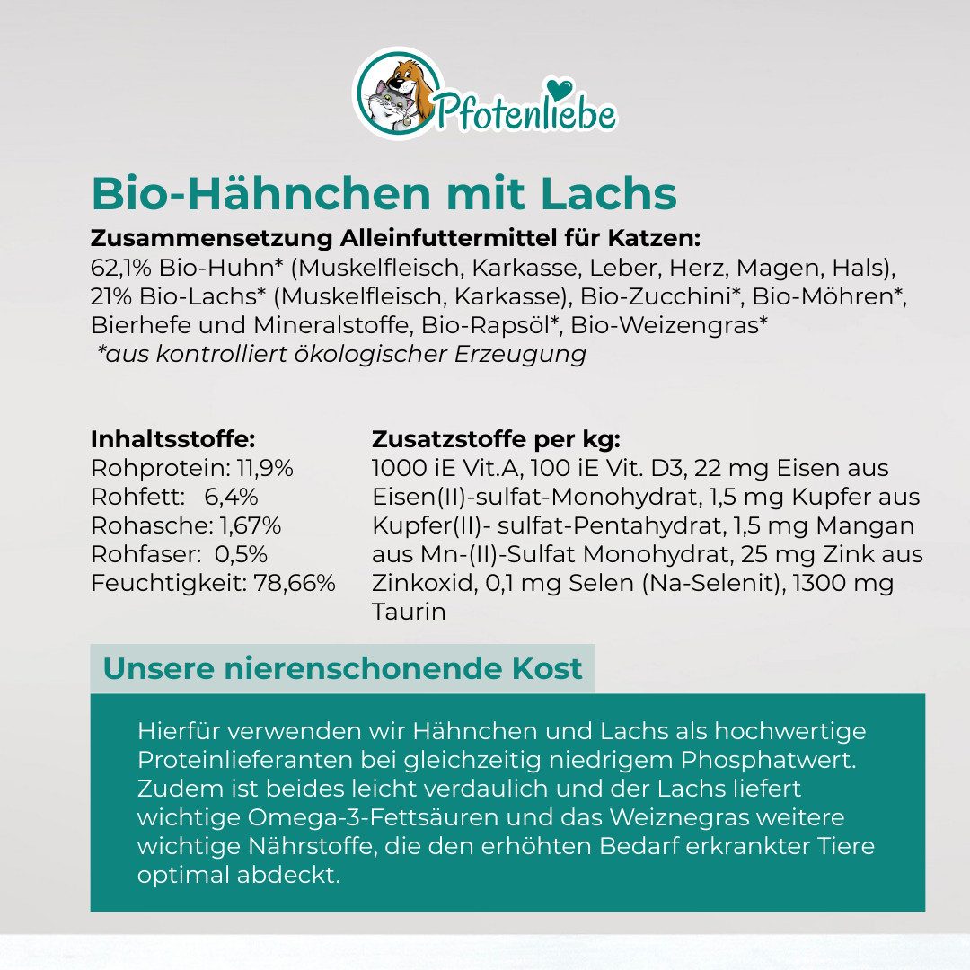 Pfotenliebe Bio-Hähnchen mit Lachs 6x200g, Nassfutter für: Katzen