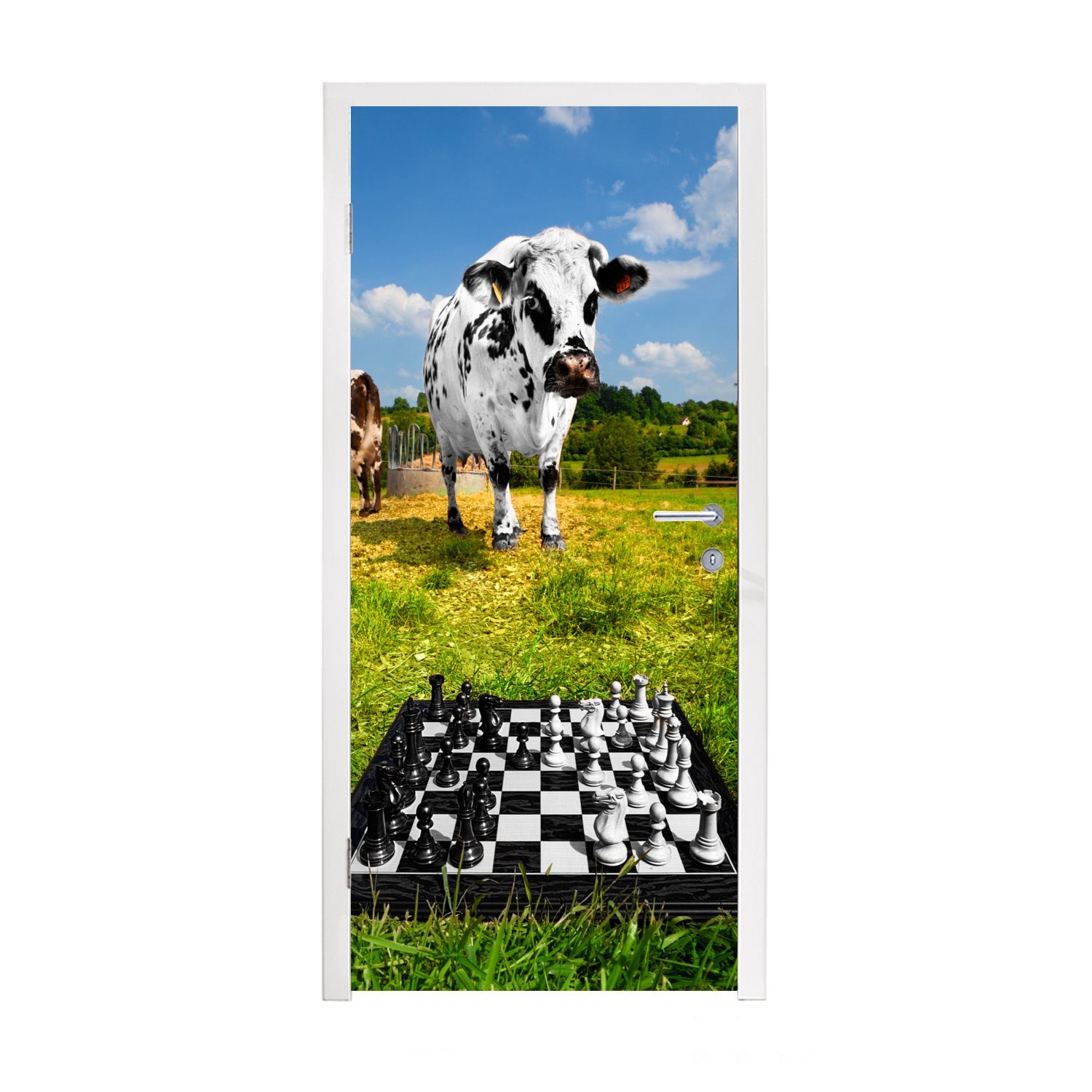 MuchoWow Türtapete Eine Partie (1 Matt, auf Tür, St), bedruckt, der Schach Fototapete cm Wiese, Türaufkleber, 75x205 für