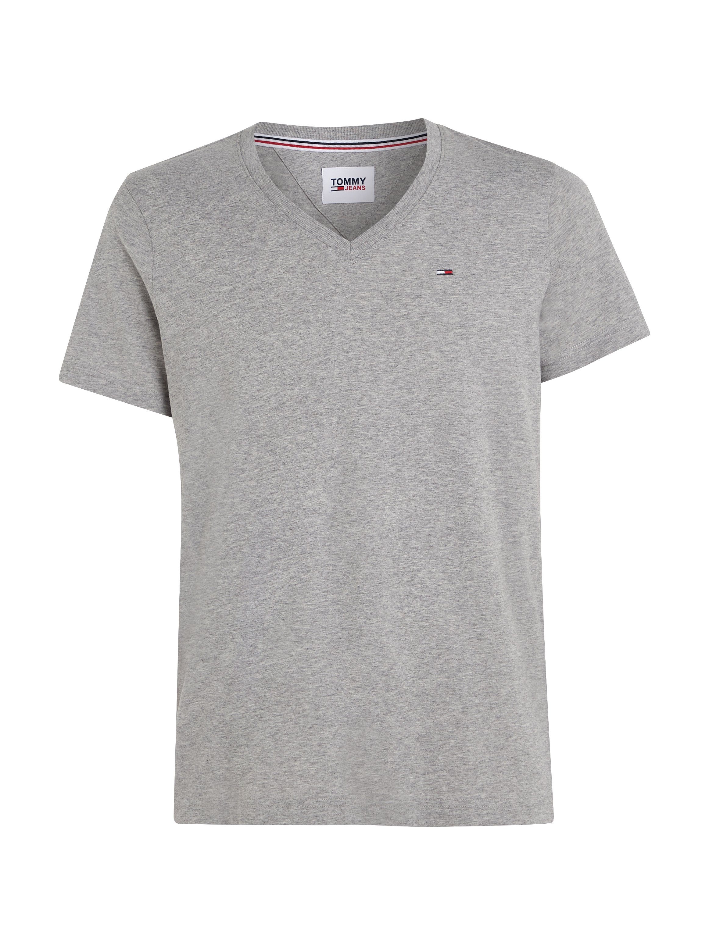 Tommy Jeans T-Shirt TJM und V Logo-Flag TEE JERSEY heather light V-Ausschnitt grey ORIGINAL NECK mit dezenter 038
