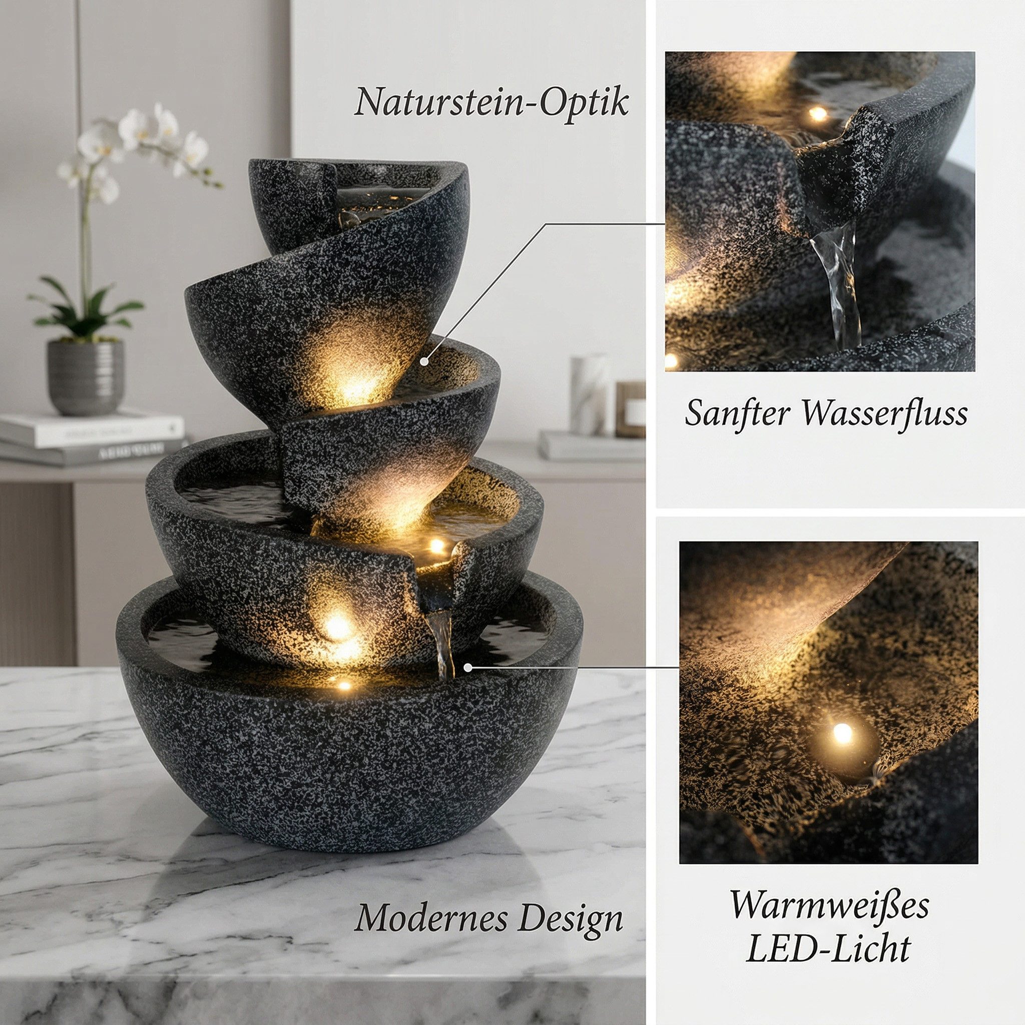 Arnusa Zimmerbrunnen Springbrunnen mit LED Beleuchtung Gartenbrunnen stilvoll Dekoration, Wohnzimmerdeko Wasserspiel LED warmweiß – Bild 3 von 5
