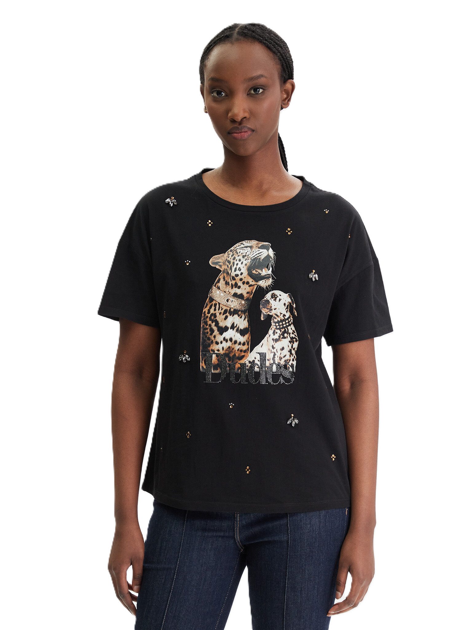 Liu Jo T-Shirt - Damen T-Shirt - Print Shirt mit Schmuckdetails - Rundhals Kurzarm