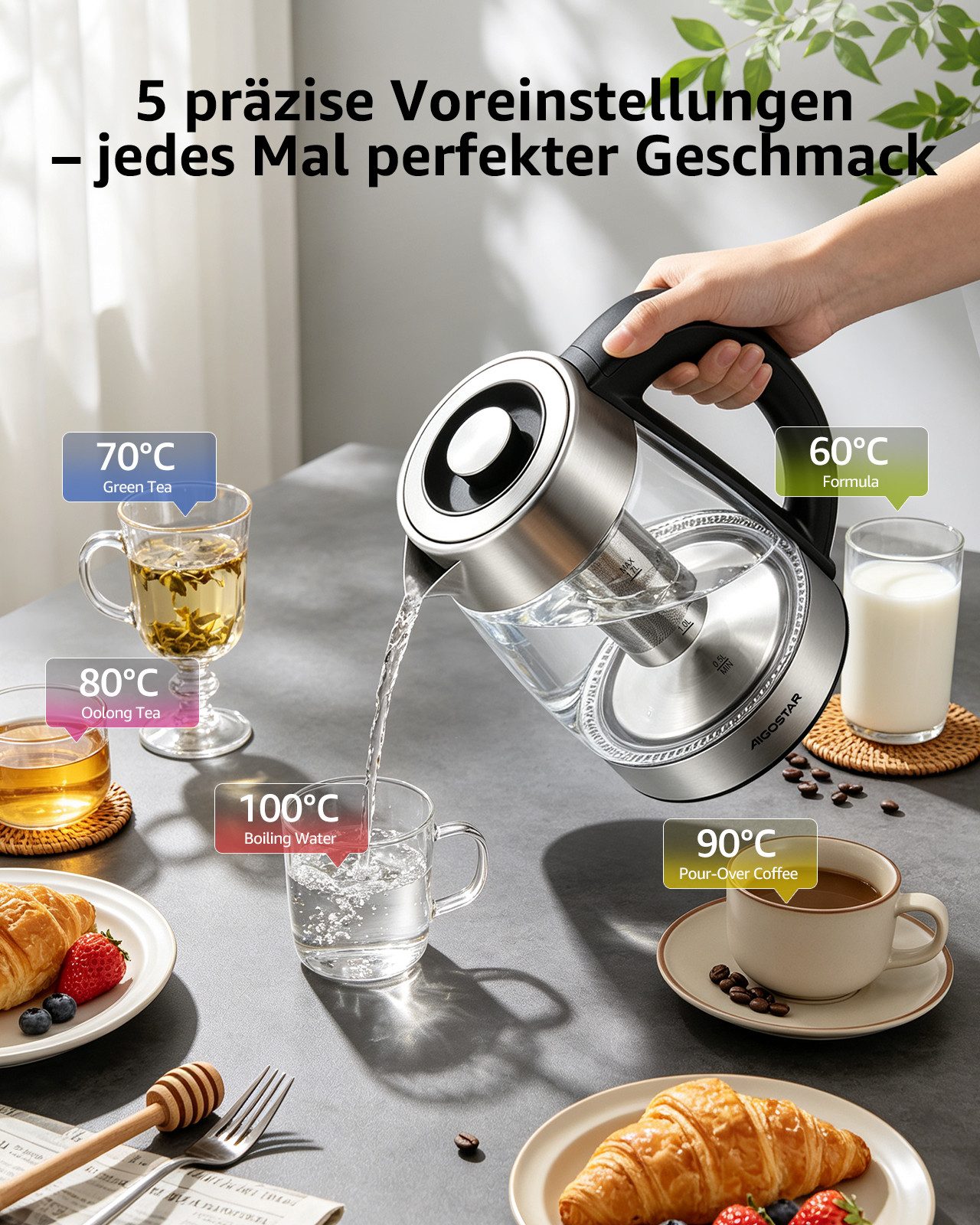 Aigostar Wasserkocher 5 präzise Temperatureinstellungen, Keramikbeschichtung, Kalkfrei, 1.7 l, 2200 W, Keramikbeschichtung, Schnelles Kochen, Warmhaltefunktion, – Bild 5 von 5